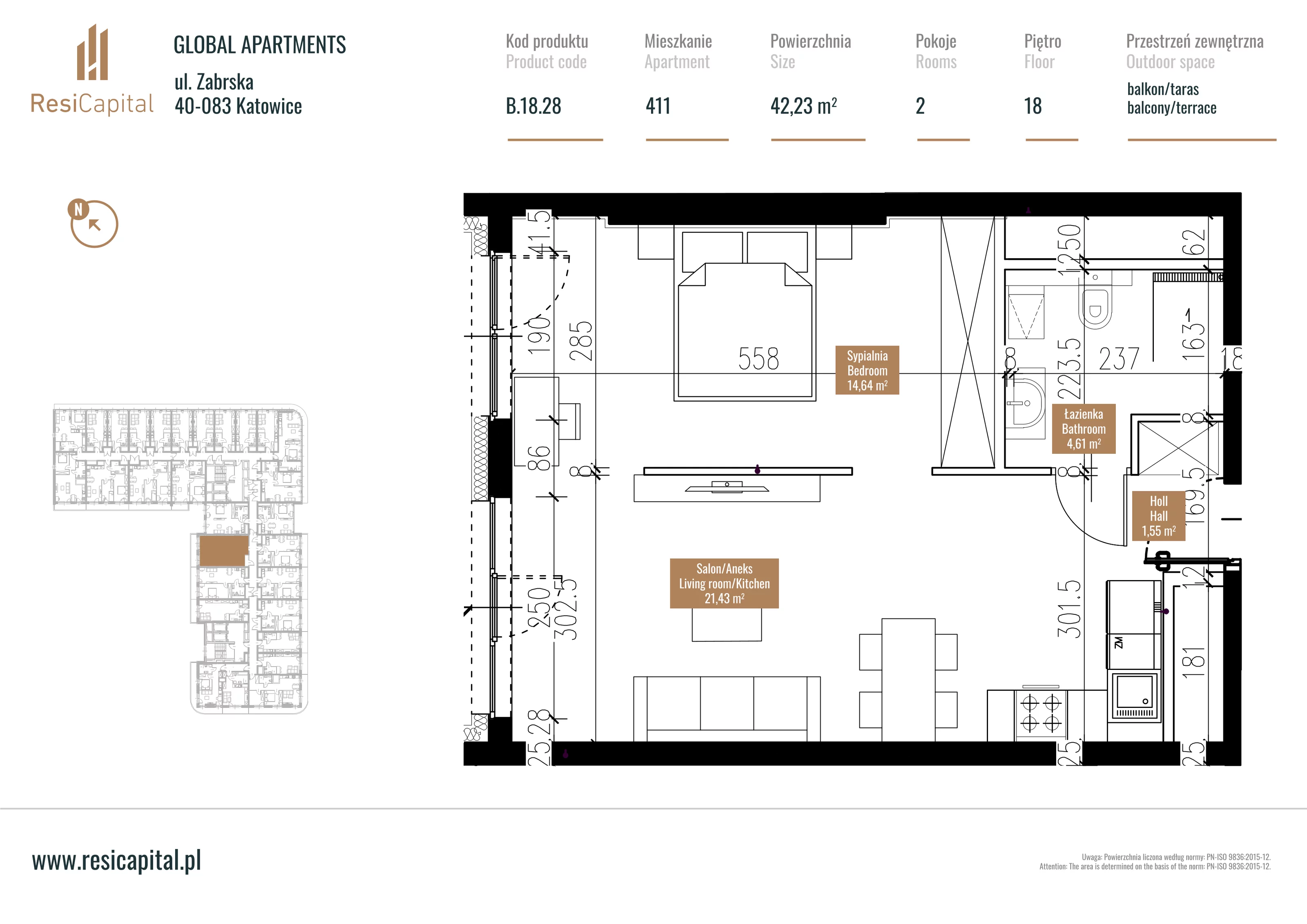 Mieszkanie 42,50 m², piętro 17, oferta nr B.18.28, Global Apartments, Katowice, Śródmieście, ul. Zabrska 15