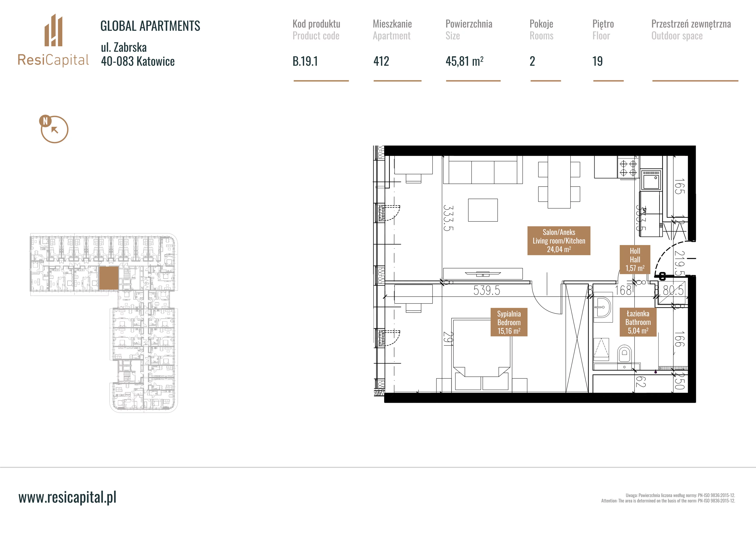 Mieszkanie 46,37 m², piętro 18, oferta nr B.19.01, Global Apartments, Katowice, Śródmieście, ul. Zabrska 15