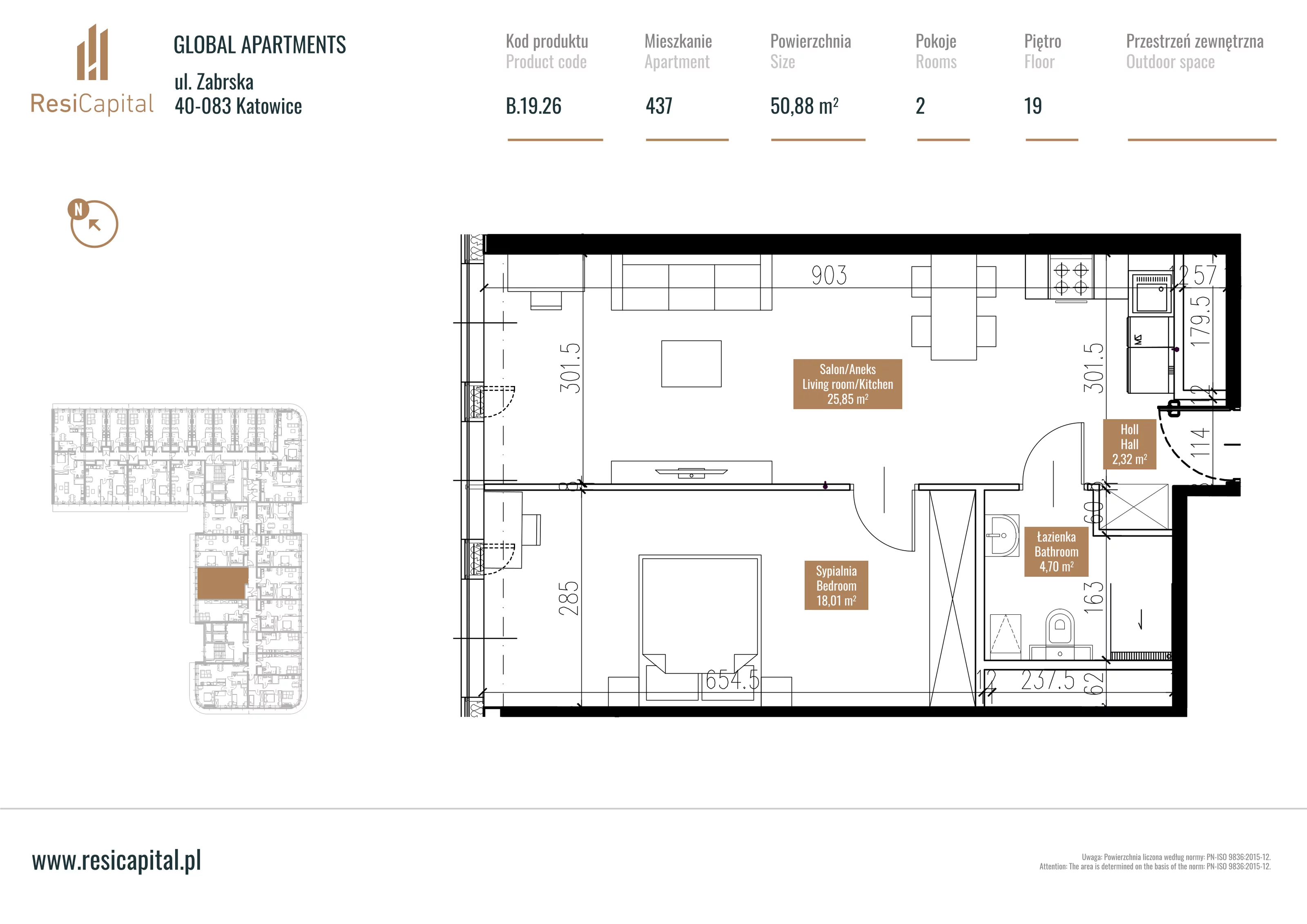 Mieszkanie 51,33 m², piętro 18, oferta nr B.19.26, Global Apartments, Katowice, Śródmieście, ul. Zabrska 15