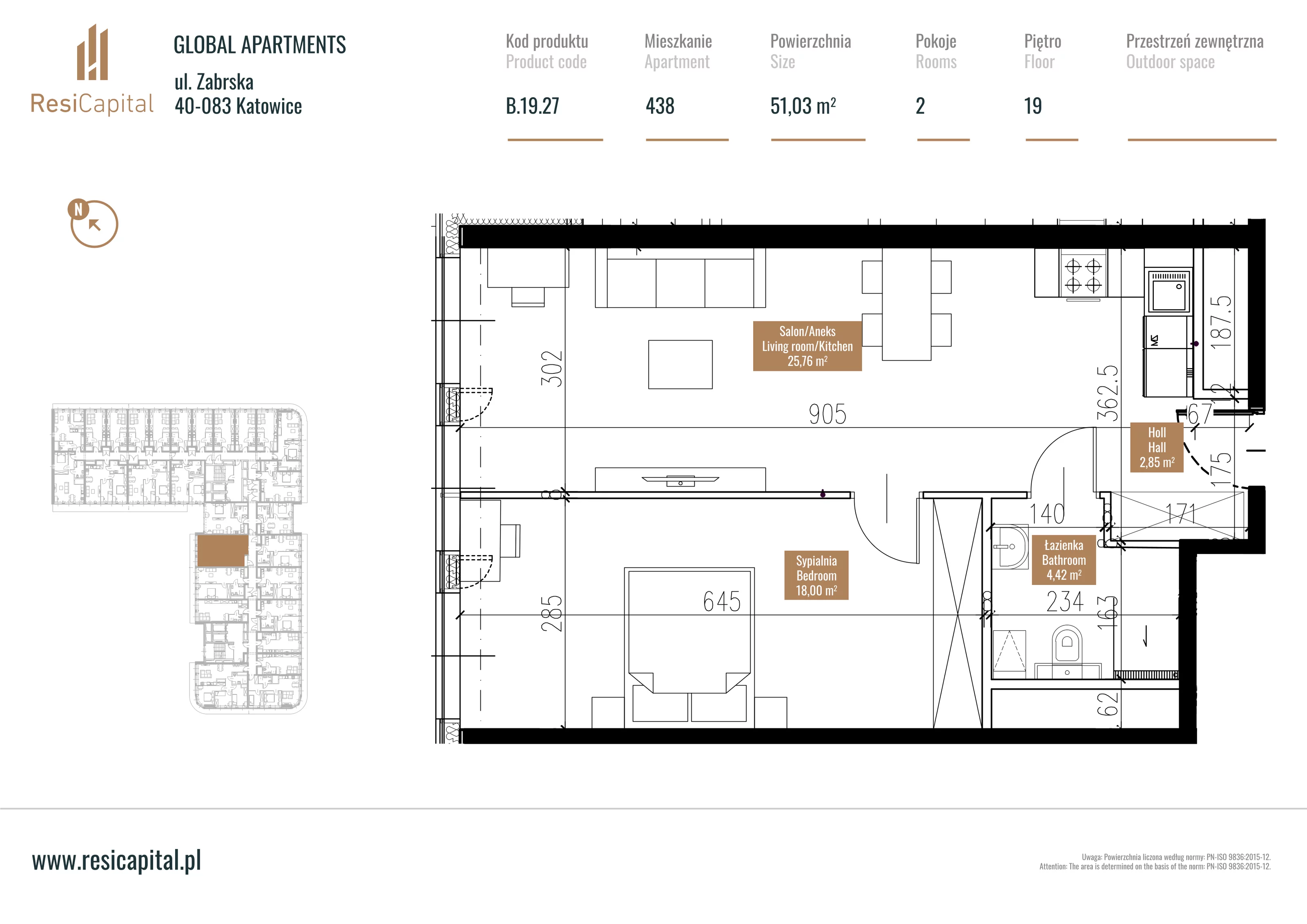 Mieszkanie 51,13 m², piętro 18, oferta nr B.19.27, Global Apartments, Katowice, Śródmieście, ul. Zabrska 15