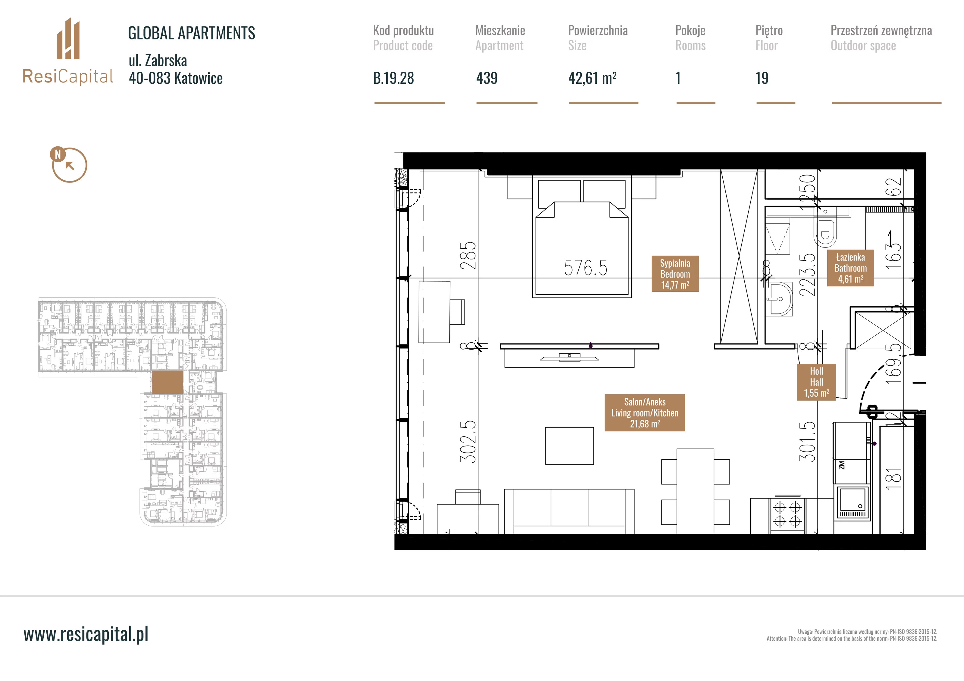 Mieszkanie 43,47 m², piętro 18, oferta nr B.19.28, Global Apartments, Katowice, Śródmieście, ul. Zabrska 15