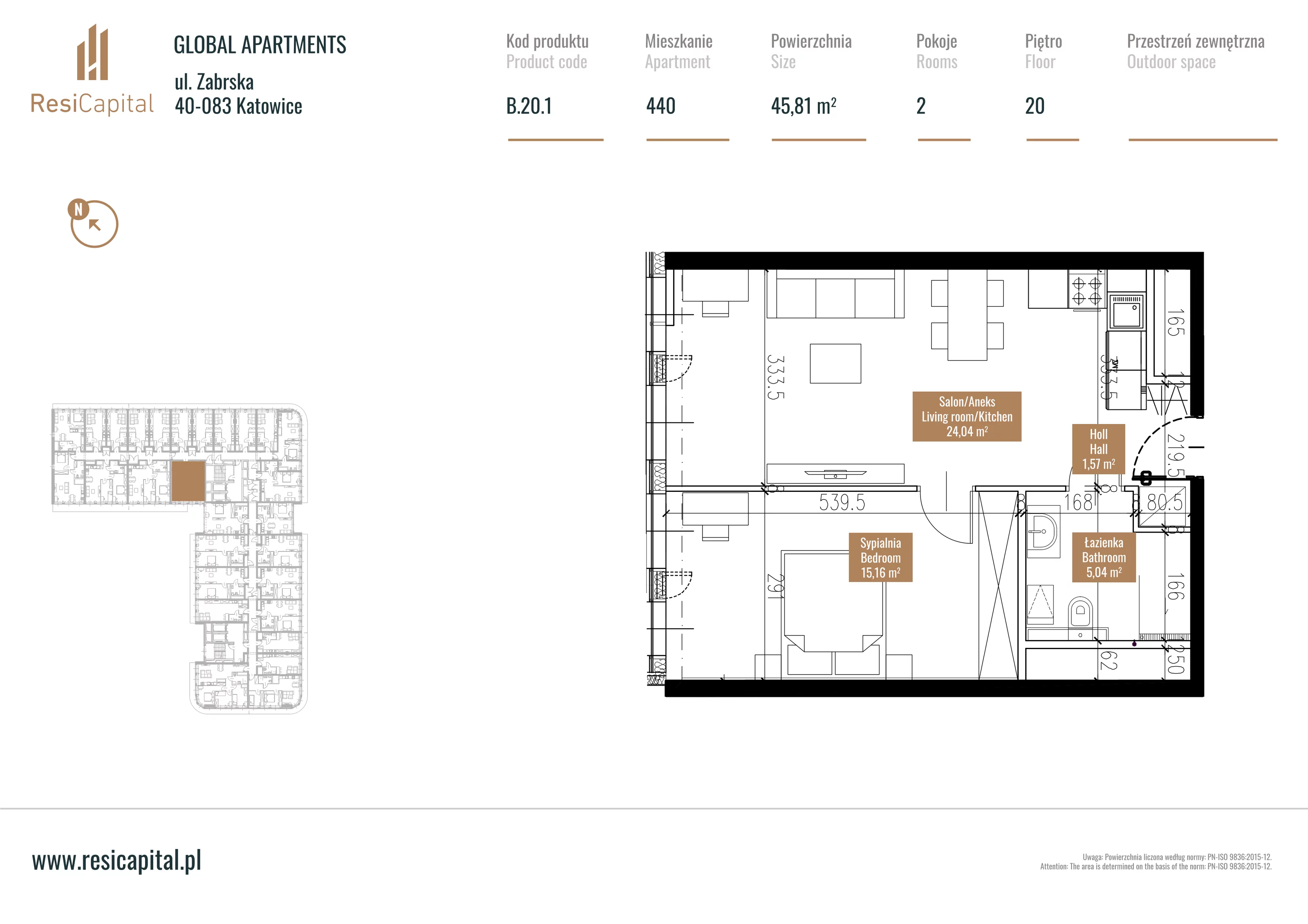 Mieszkanie 46,34 m², piętro 19, oferta nr B.20.01, Global Apartments, Katowice, Śródmieście, ul. Zabrska 15