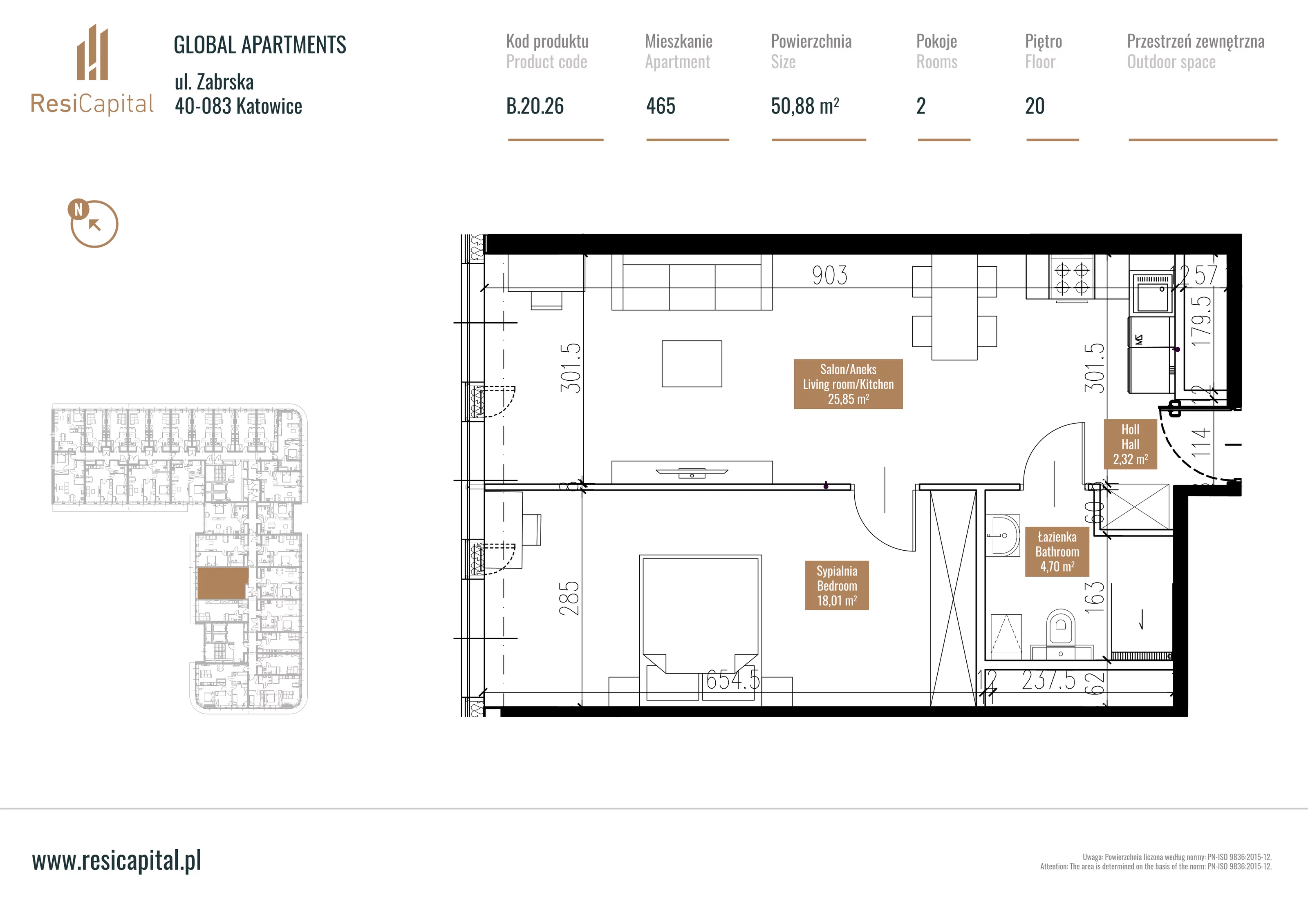 Mieszkanie 51,18 m², piętro 19, oferta nr B.20.26, Global Apartments, Katowice, Śródmieście, ul. Zabrska 15