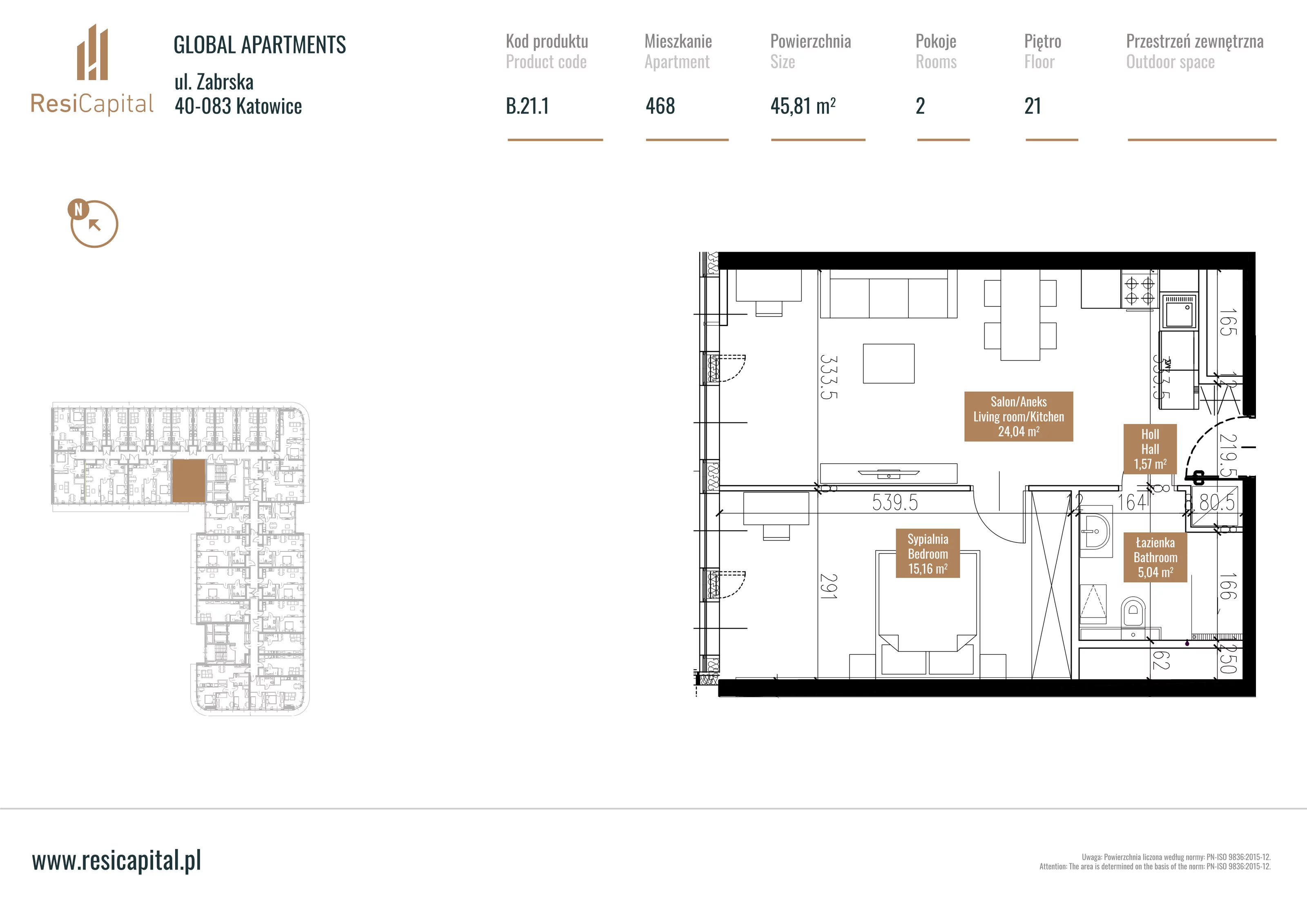 Mieszkanie 46,17 m², piętro 20, oferta nr B.21.01, Global Apartments, Katowice, Śródmieście, ul. Zabrska 15