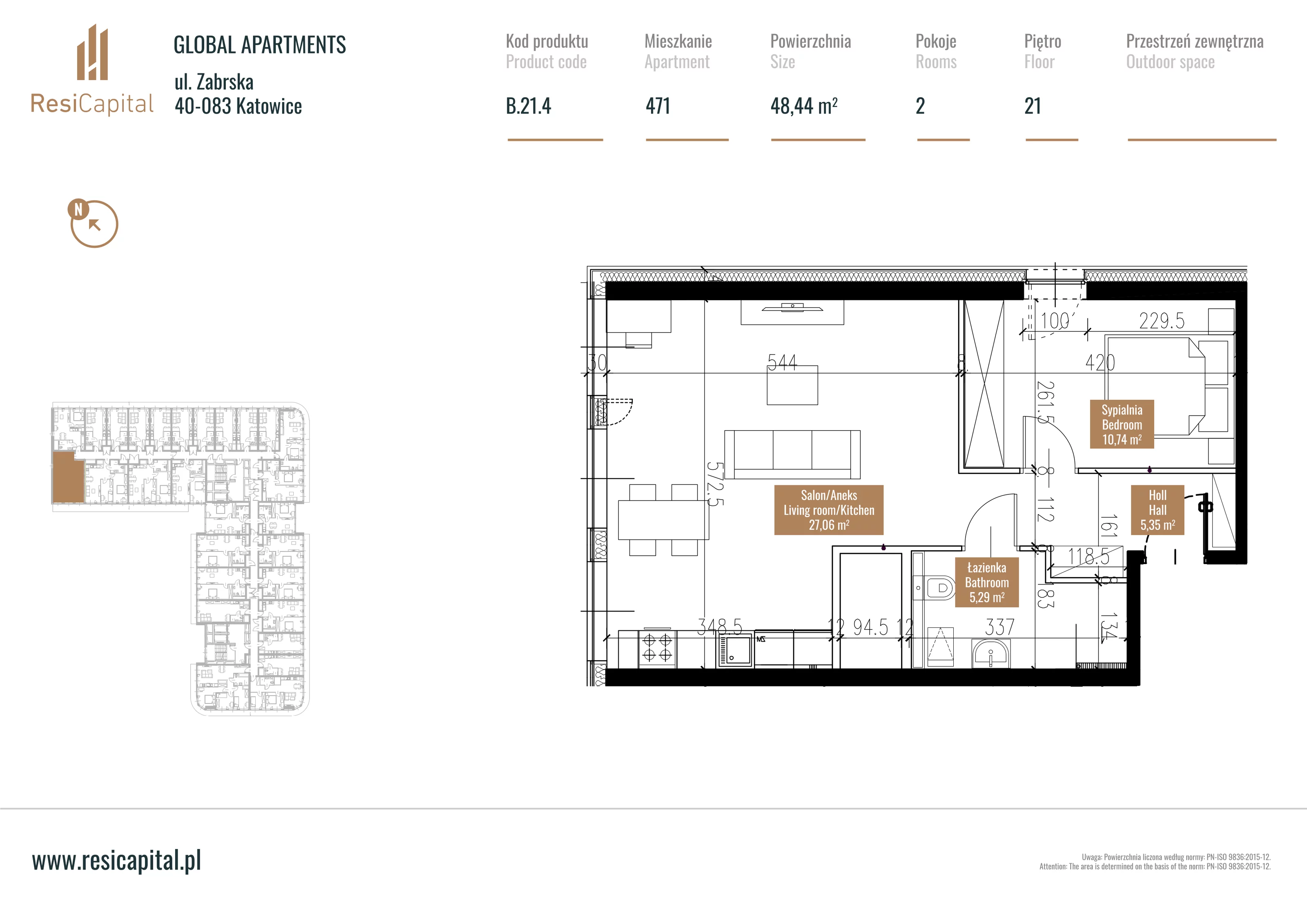 Mieszkanie 48,58 m², piętro 20, oferta nr B.21.04, Global Apartments, Katowice, Śródmieście, ul. Zabrska 15