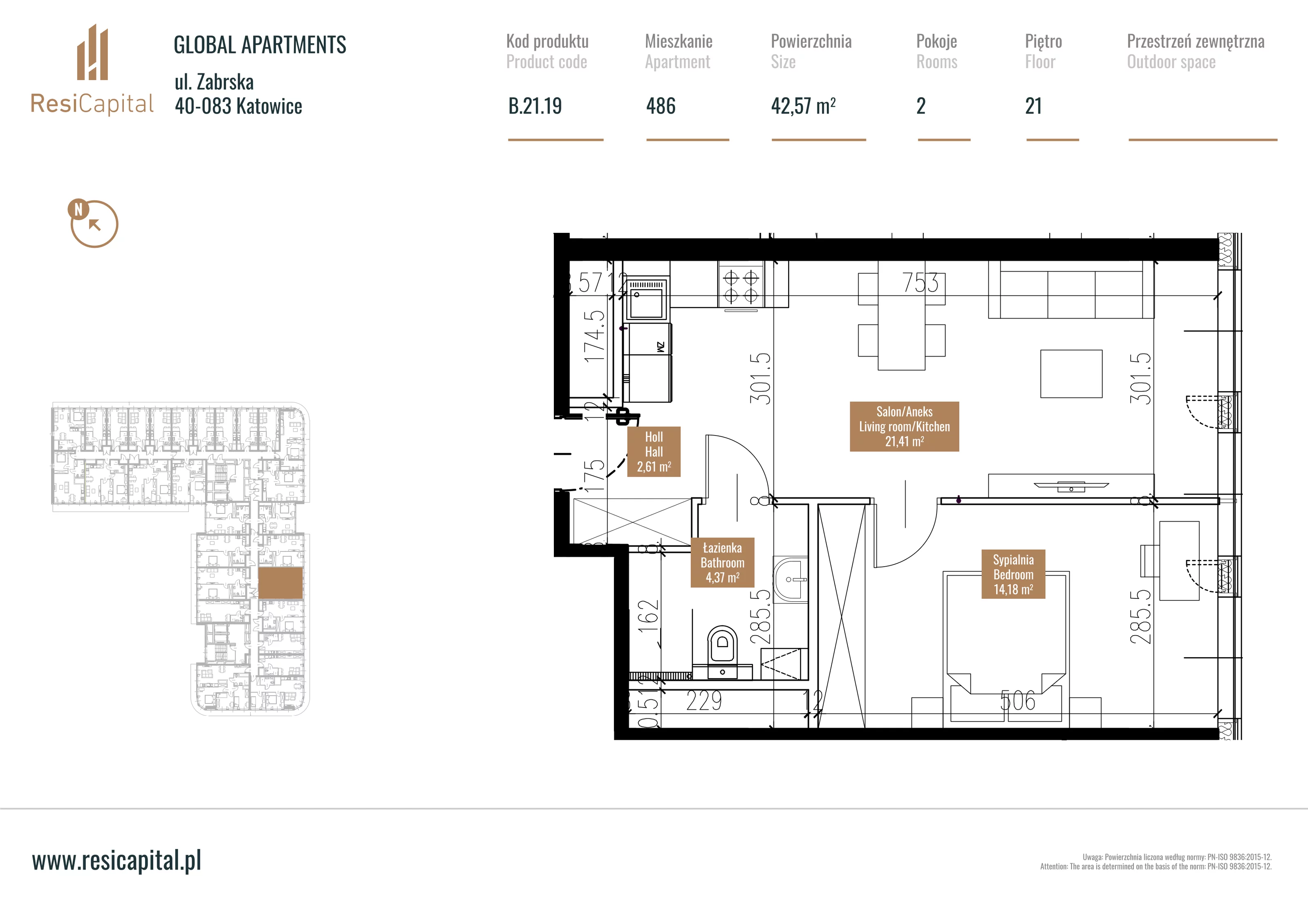 Mieszkanie 42,98 m², piętro 20, oferta nr B.21.19, Global Apartments, Katowice, Śródmieście, ul. Zabrska 15