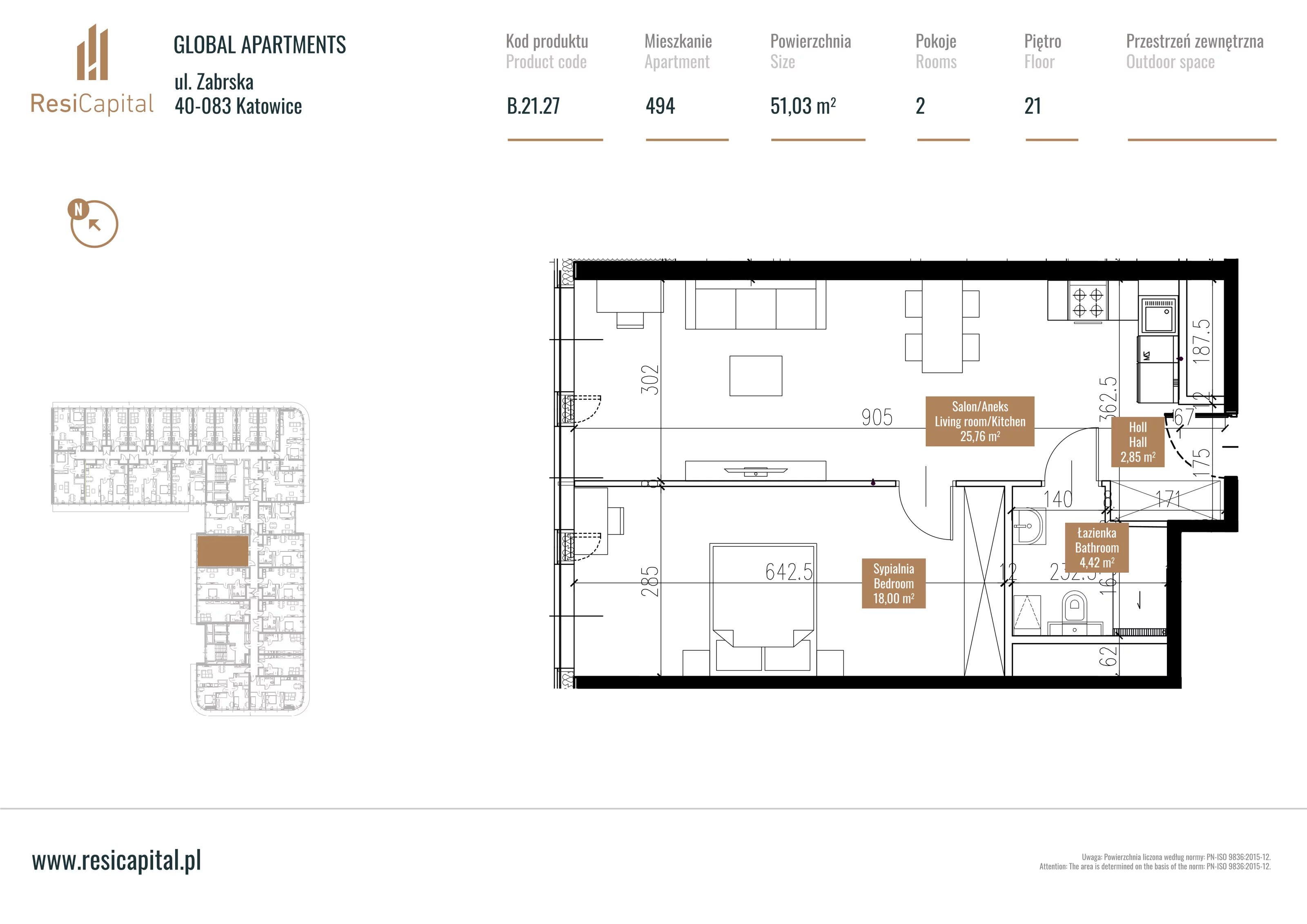 Mieszkanie 51,10 m², piętro 20, oferta nr B.21.27, Global Apartments, Katowice, Śródmieście, ul. Zabrska 15