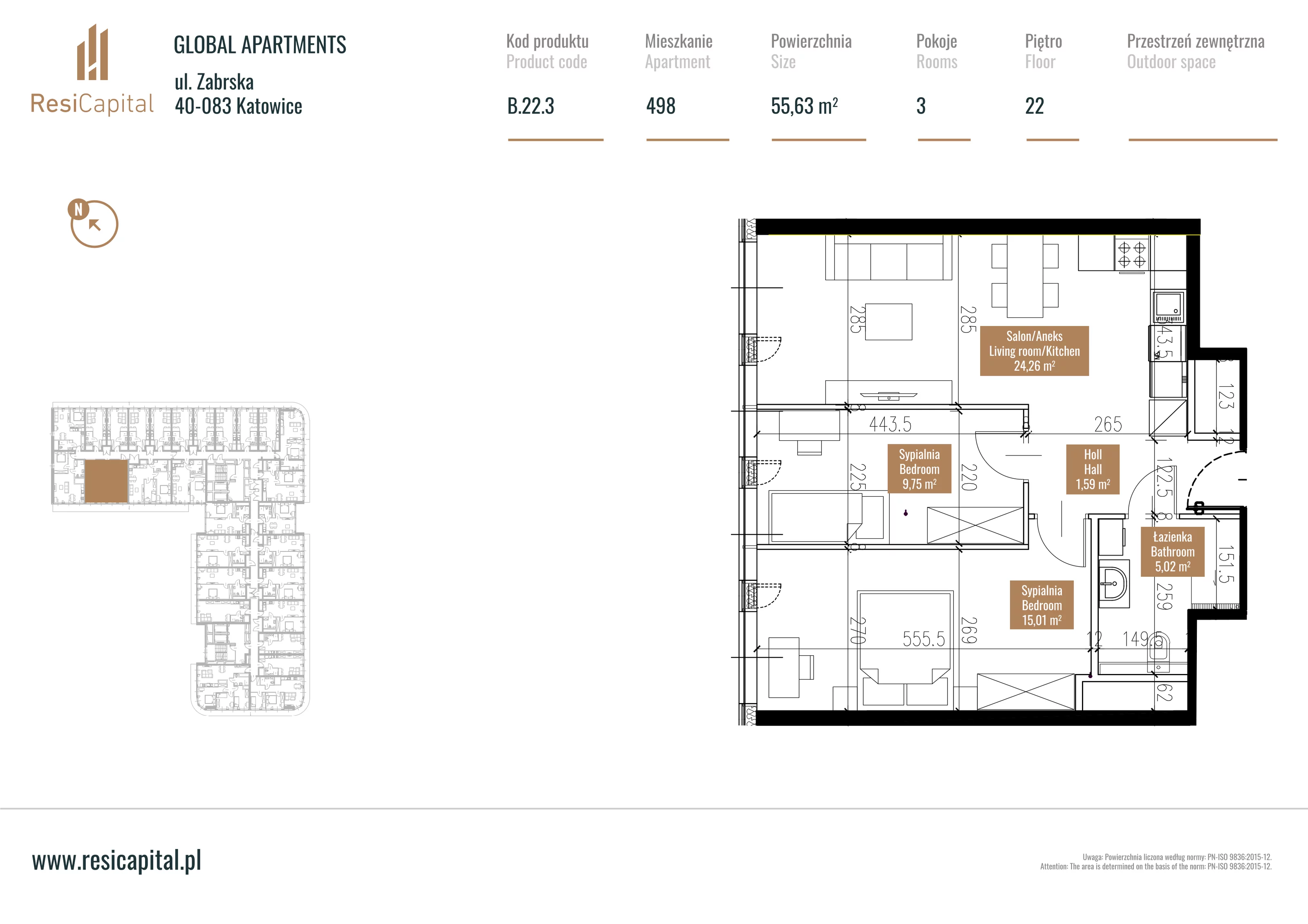 3 pokoje, mieszkanie 56,72 m², piętro 21, oferta nr B.22.03, Global Apartments, Katowice, Śródmieście, ul. Zabrska 15