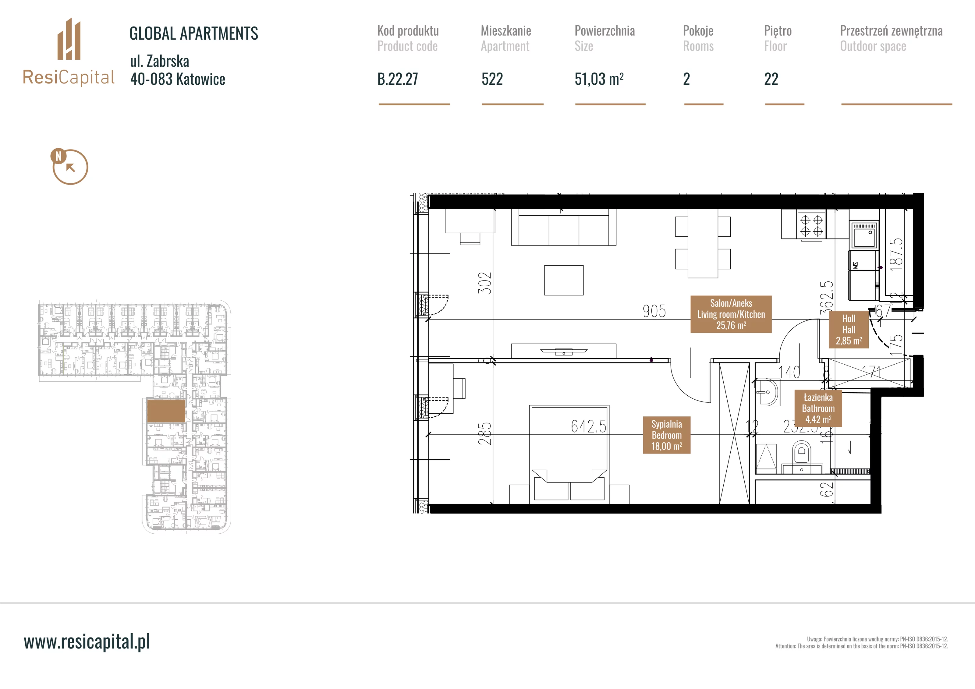 Mieszkanie 51,49 m², piętro 21, oferta nr B.22.27, Global Apartments, Katowice, Śródmieście, ul. Zabrska 15