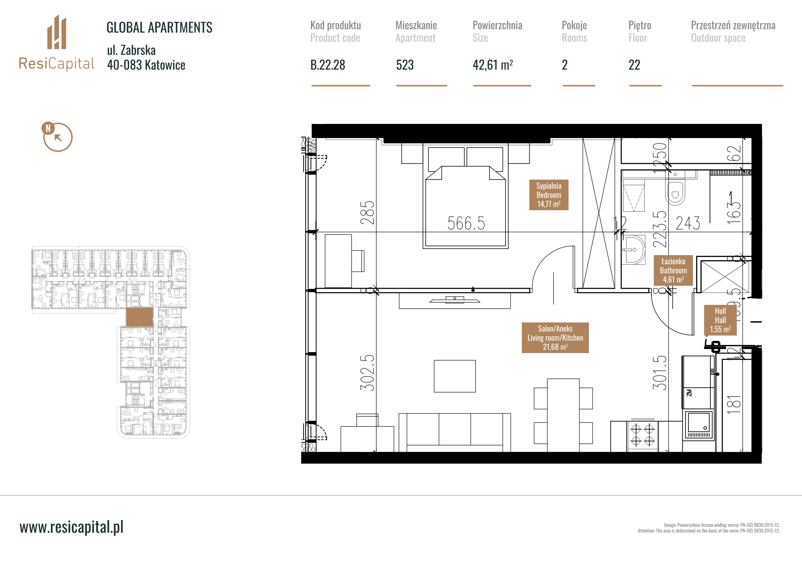 Mieszkanie 44,61 m², piętro 21, oferta nr B.22.28, Global Apartments, Katowice, Śródmieście, ul. Zabrska 15