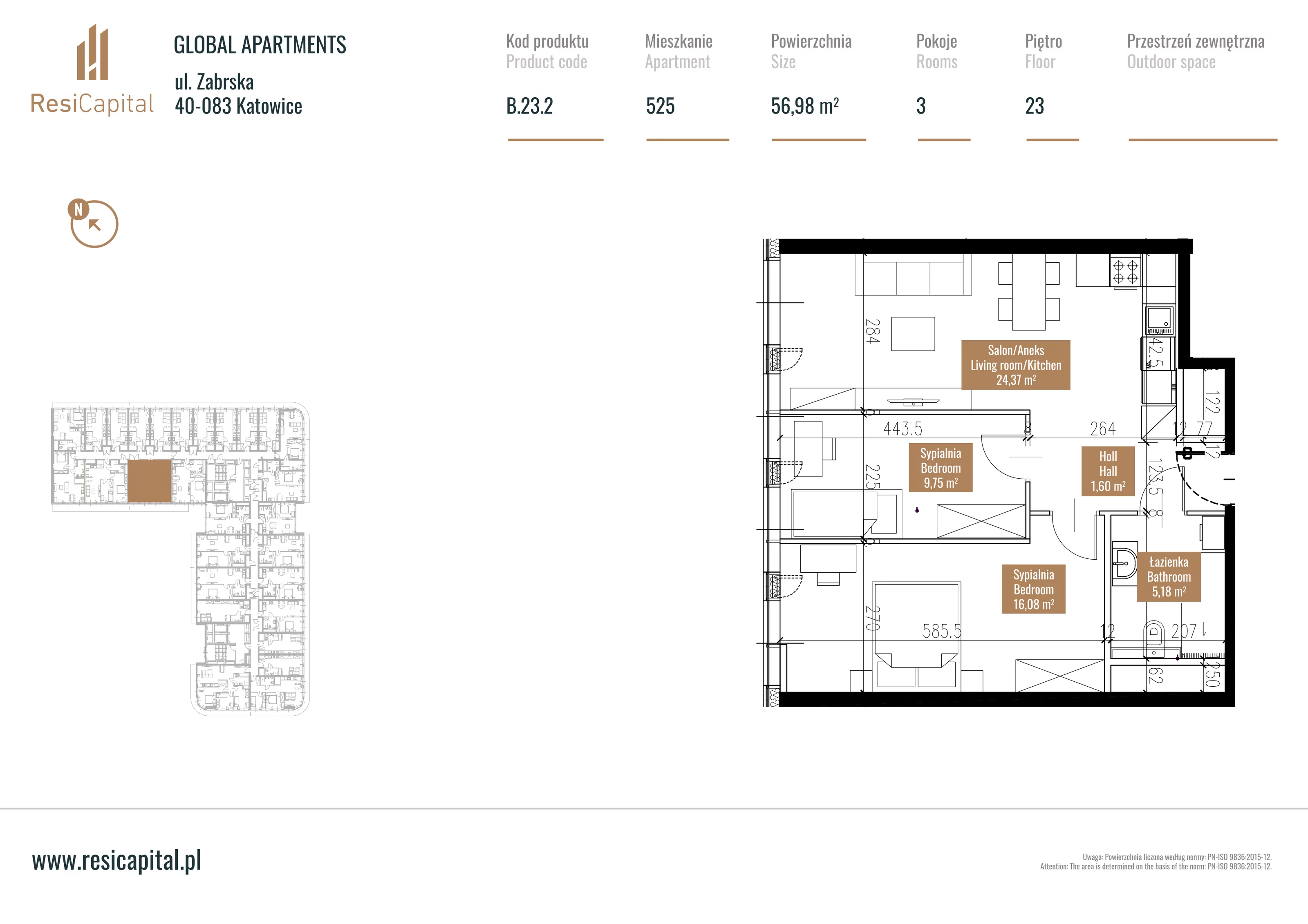 3 pokoje, mieszkanie 57,92 m², piętro 22, oferta nr B.23.02, Global Apartments, Katowice, Śródmieście, ul. Zabrska 15