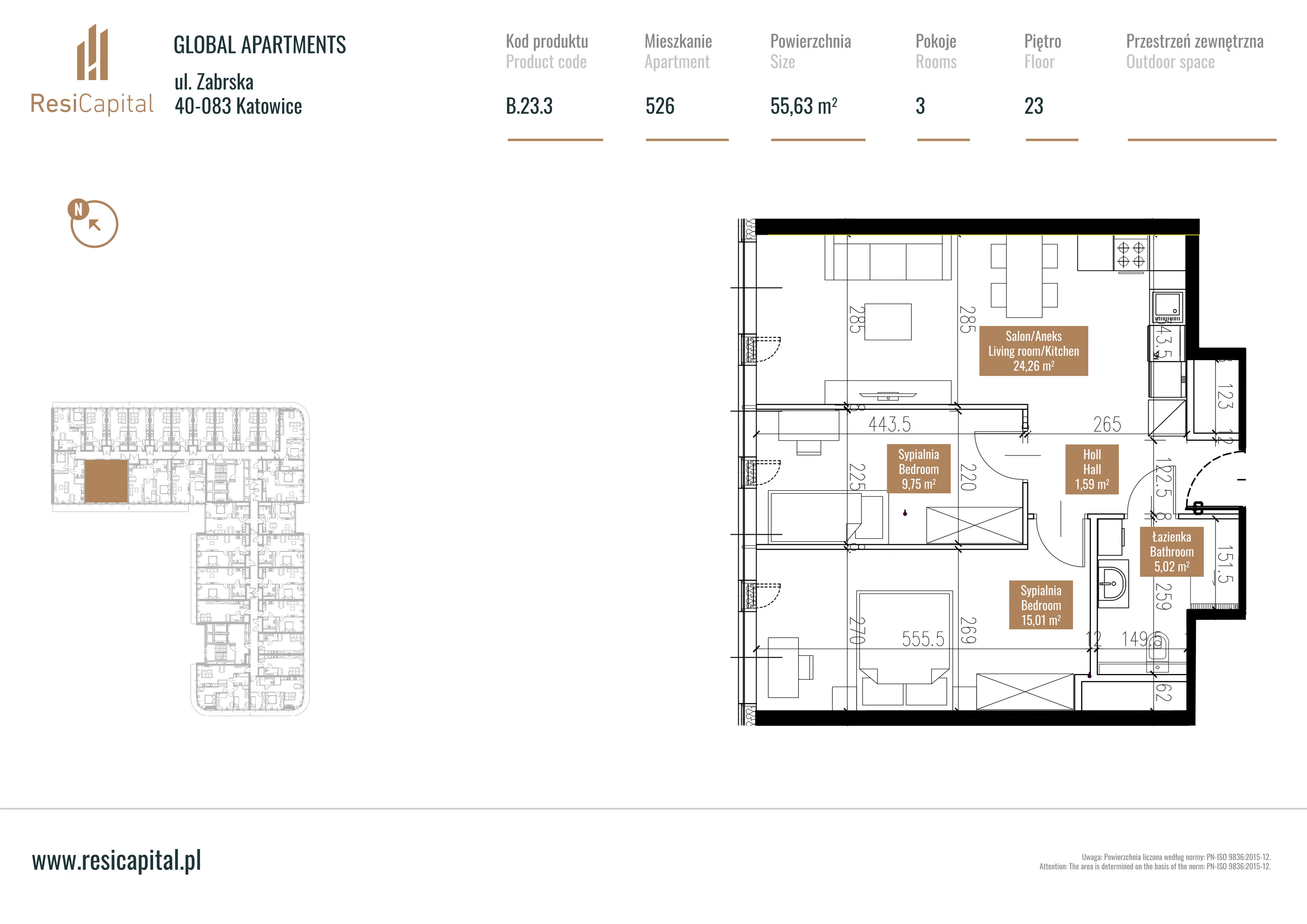 3 pokoje, mieszkanie 56,63 m², piętro 22, oferta nr B.23.03, Global Apartments, Katowice, Śródmieście, ul. Zabrska 15