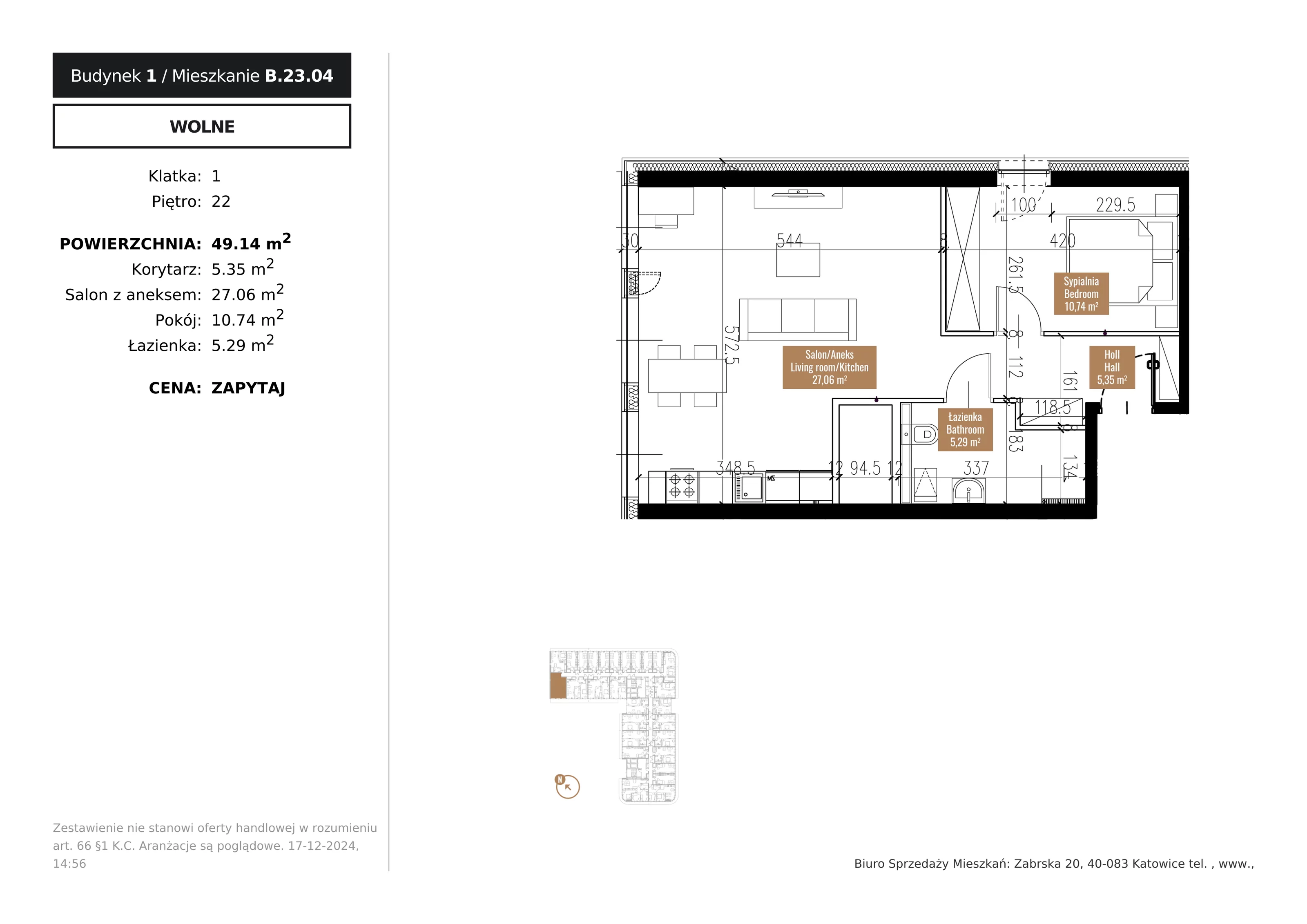 Mieszkanie 49,14 m², piętro 22, oferta nr B.23.04, Global Apartments, Katowice, Śródmieście, ul. Zabrska 15