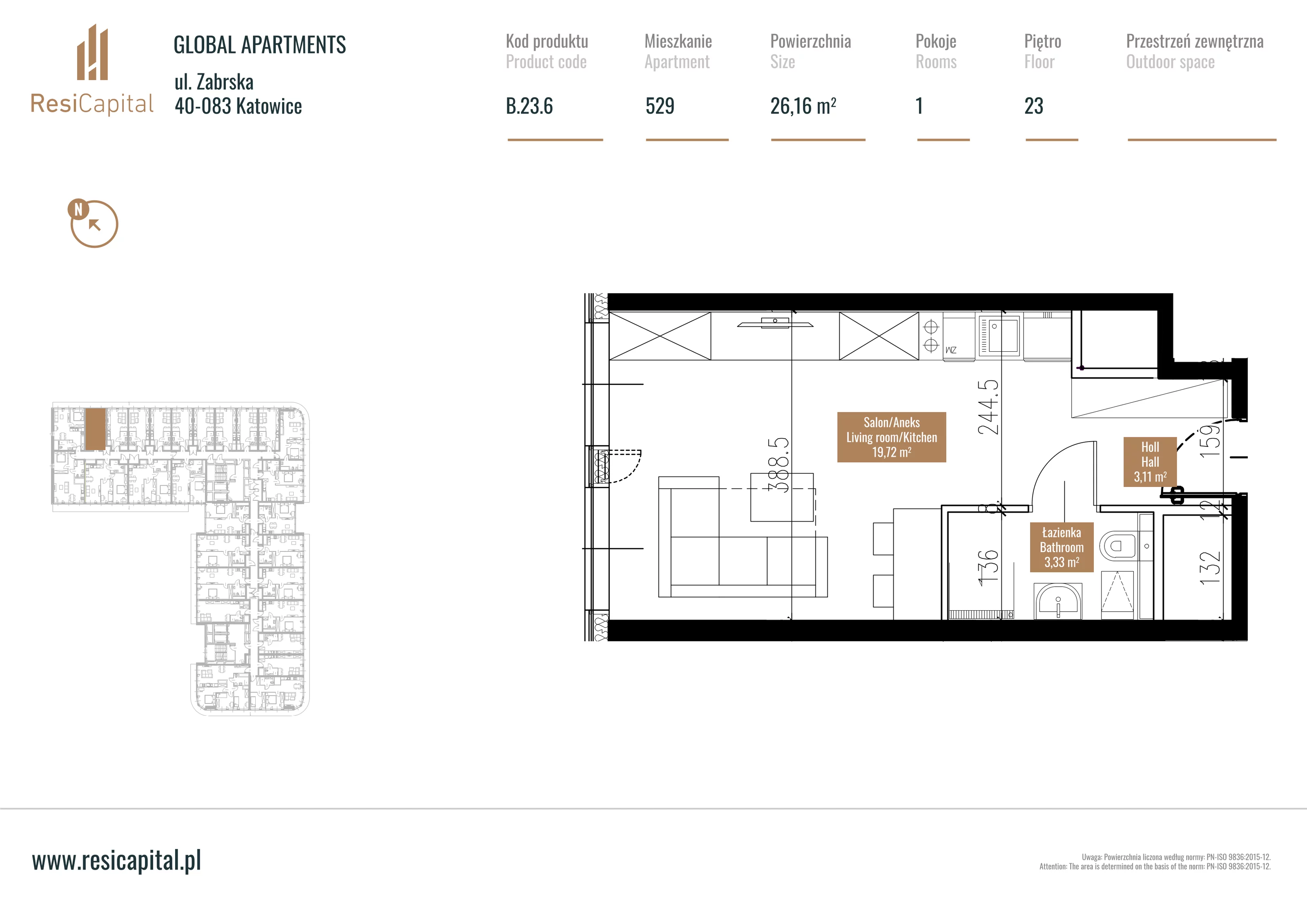 Mieszkanie 26,72 m², piętro 22, oferta nr B.23.06, Global Apartments, Katowice, Śródmieście, ul. Zabrska 15