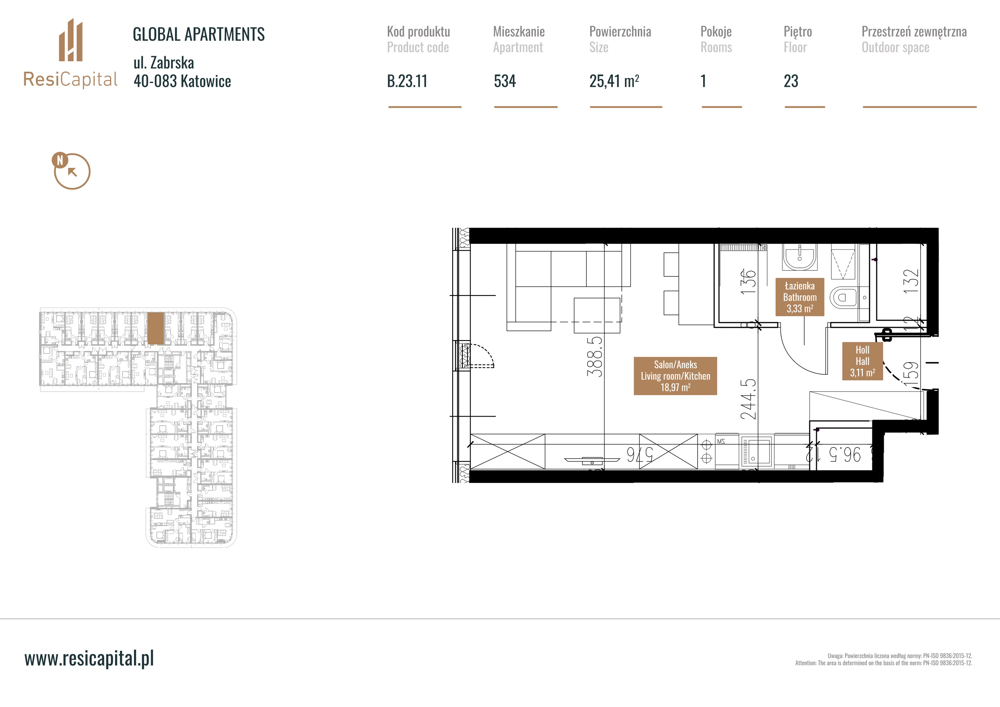 Mieszkanie 26,62 m², piętro 22, oferta nr B.23.11, Global Apartments, Katowice, Śródmieście, ul. Zabrska 15