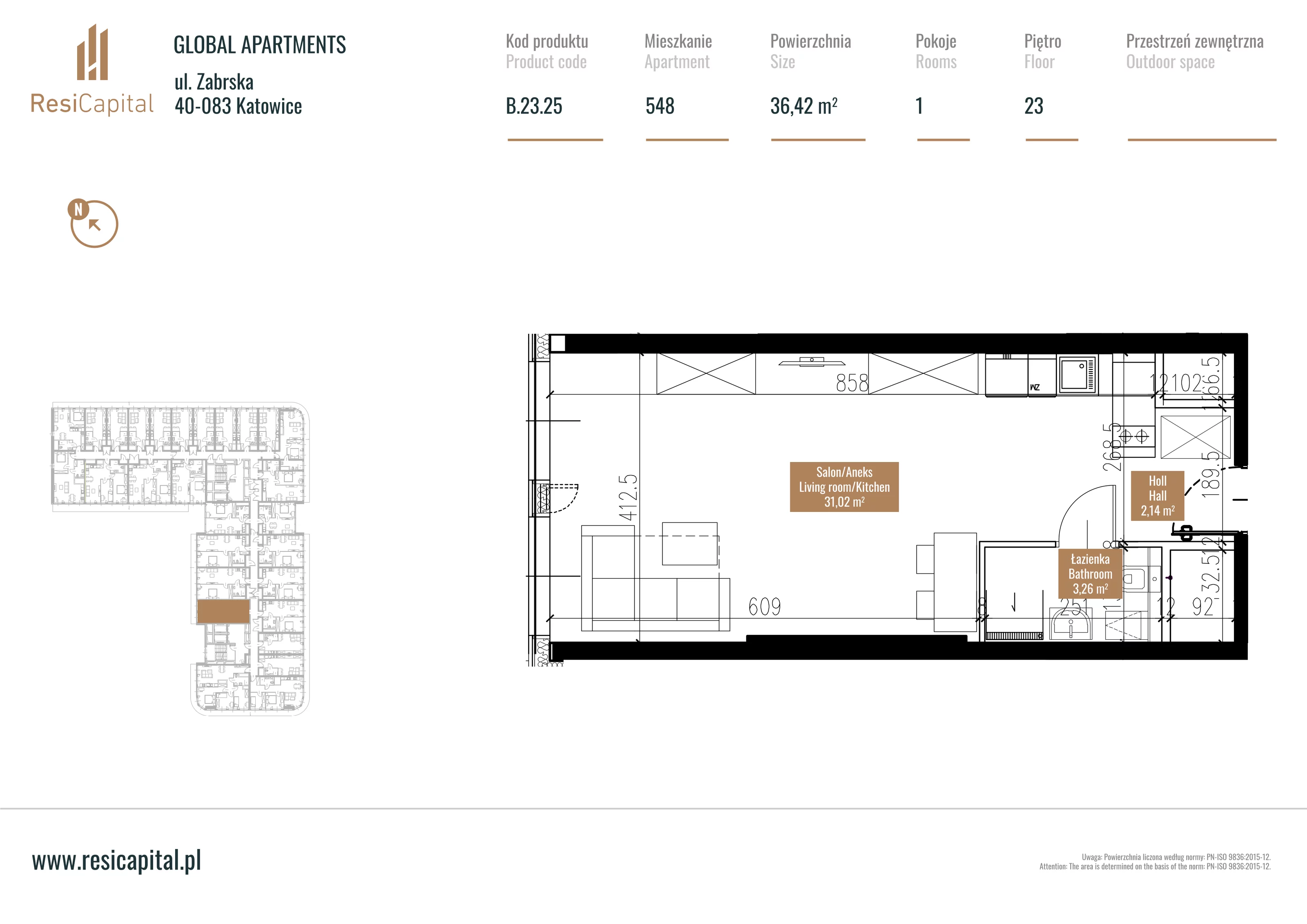 Mieszkanie 36,18 m², piętro 22, oferta nr B.23.25, Global Apartments, Katowice, Śródmieście, ul. Zabrska 15