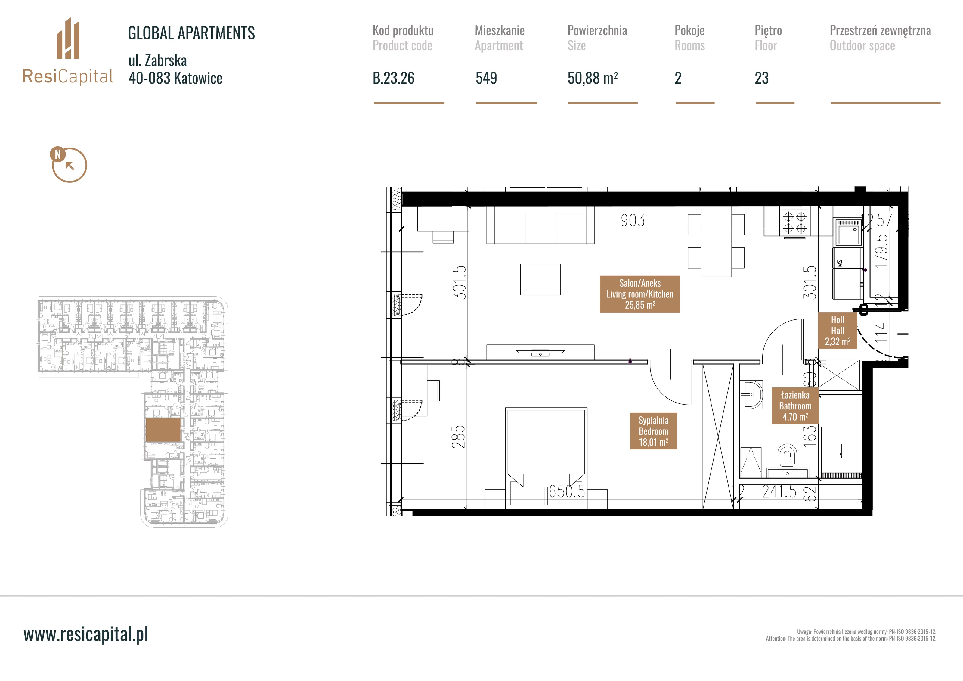 Mieszkanie 51,09 m², piętro 22, oferta nr B.23.26, Global Apartments, Katowice, Śródmieście, ul. Zabrska 15