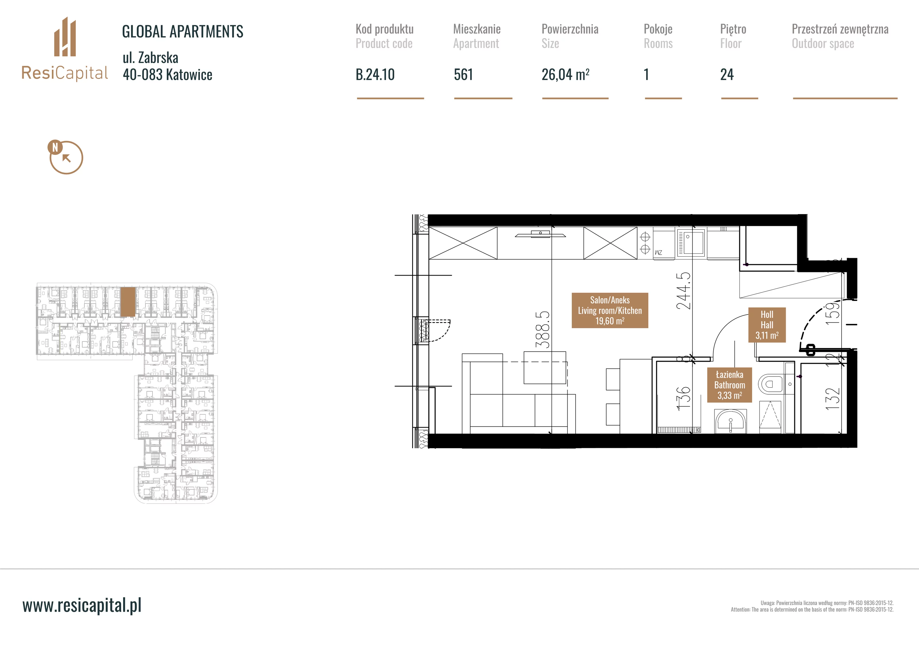 Mieszkanie 26,41 m², piętro 23, oferta nr B.24.10, Global Apartments, Katowice, Śródmieście, ul. Zabrska 15