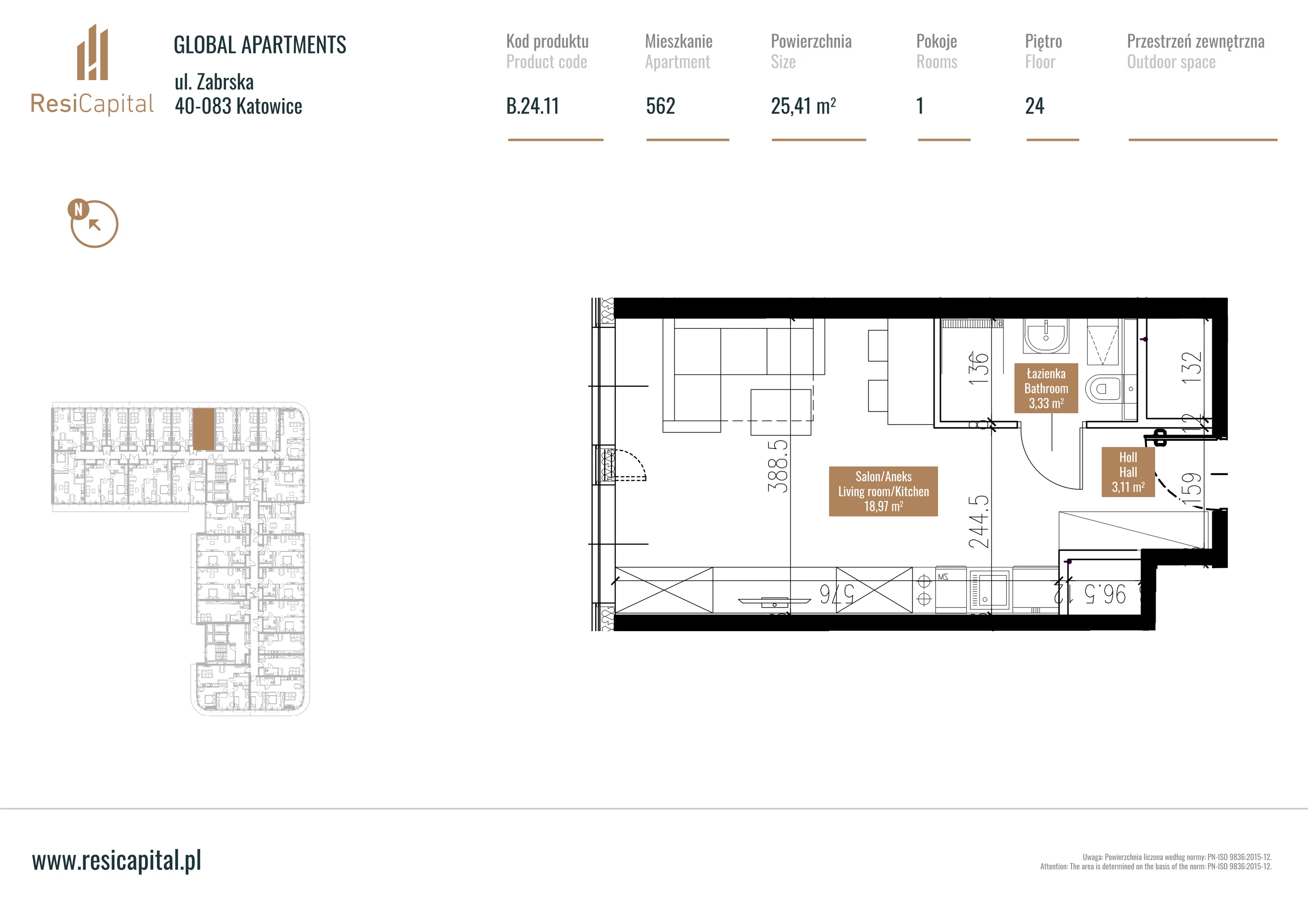 Mieszkanie 26,50 m², piętro 23, oferta nr B.24.11, Global Apartments, Katowice, Śródmieście, ul. Zabrska 15