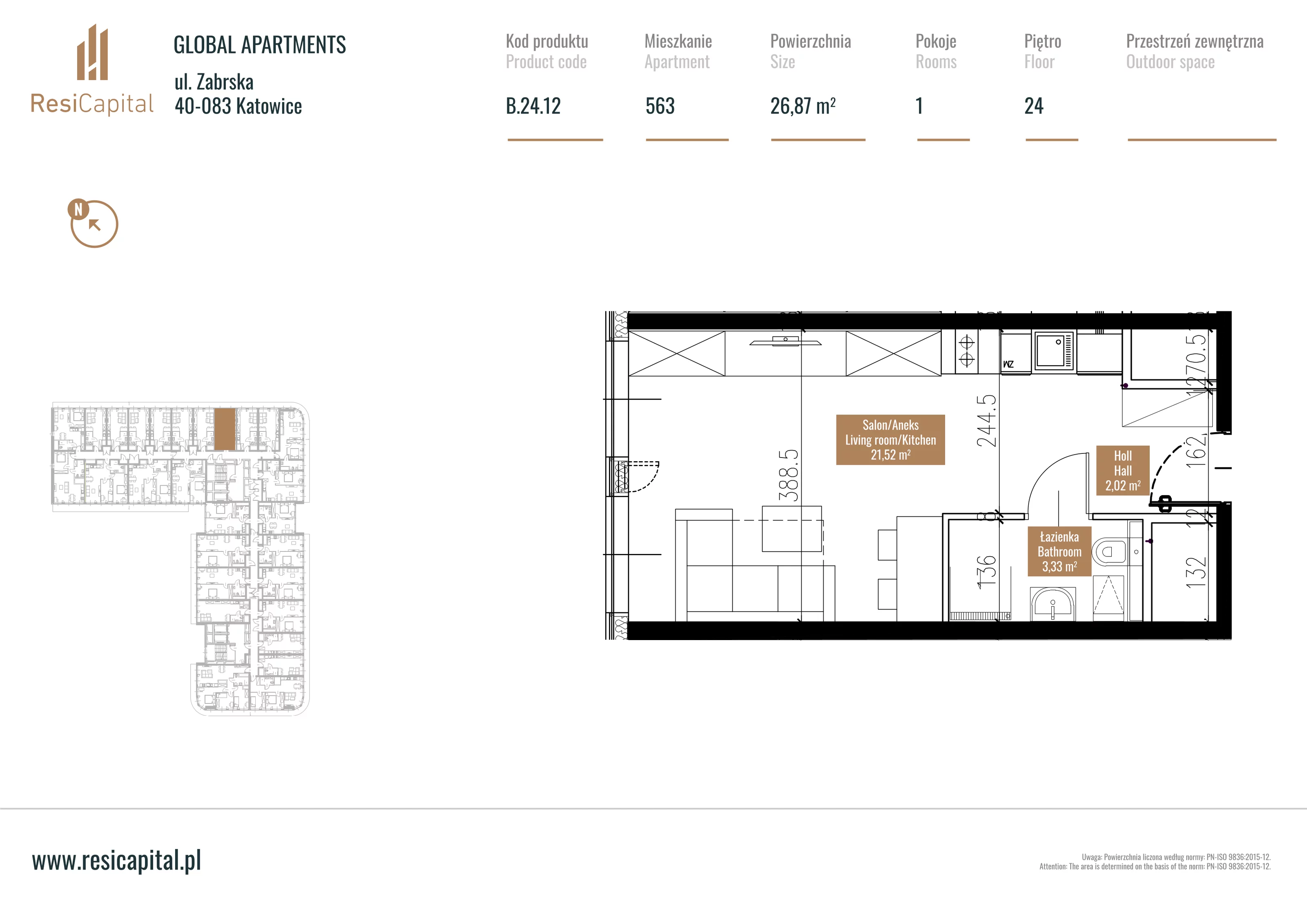 Mieszkanie 27,09 m², piętro 23, oferta nr B.24.12, Global Apartments, Katowice, Śródmieście, ul. Zabrska 15