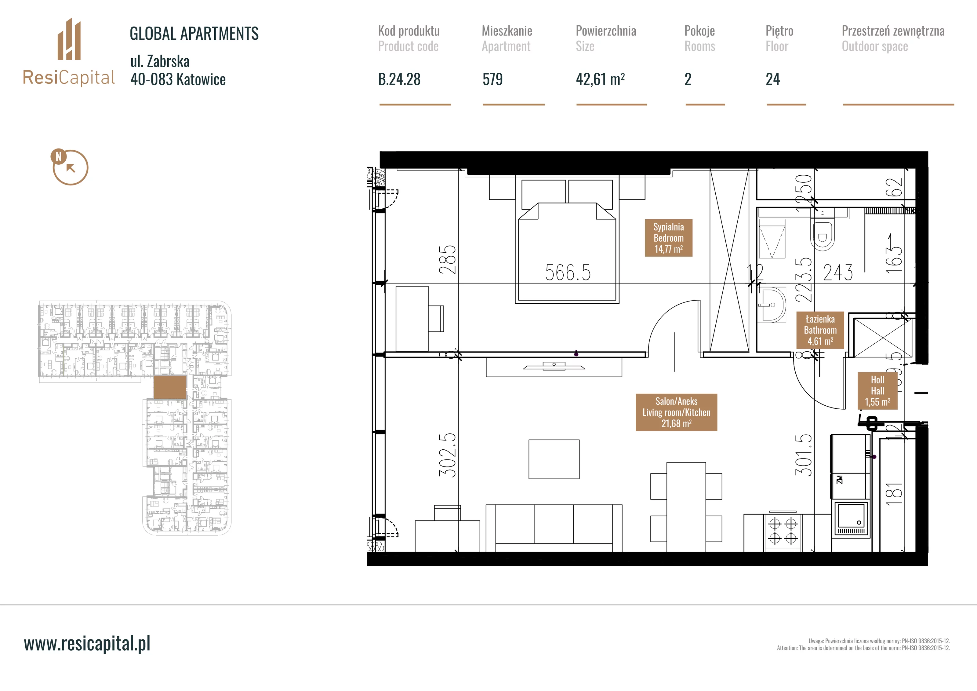 Mieszkanie 44,09 m², piętro 23, oferta nr B.24.28, Global Apartments, Katowice, Śródmieście, ul. Zabrska 15