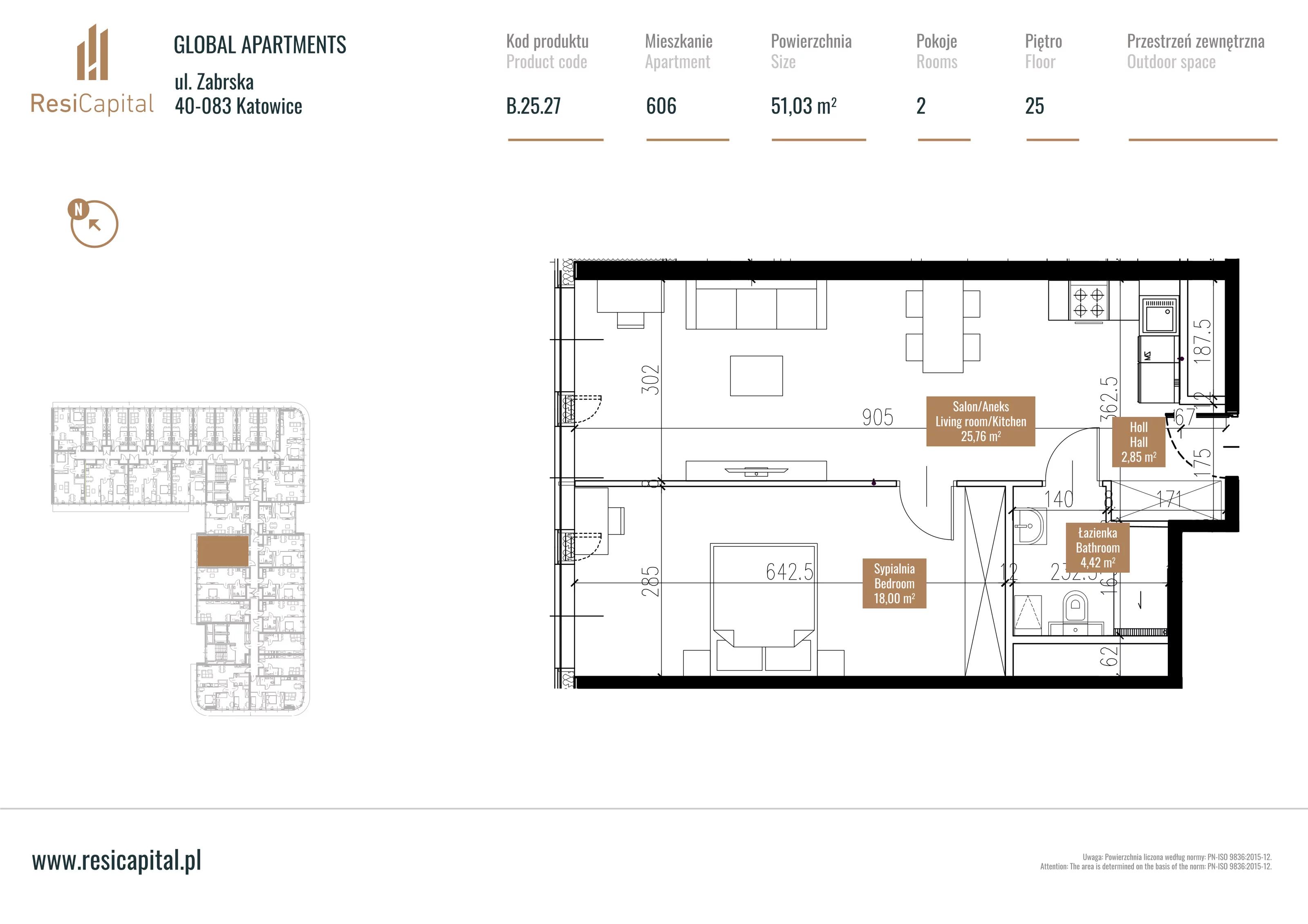 Mieszkanie 51,08 m², piętro 24, oferta nr B.25.27, Global Apartments, Katowice, Śródmieście, ul. Zabrska 15