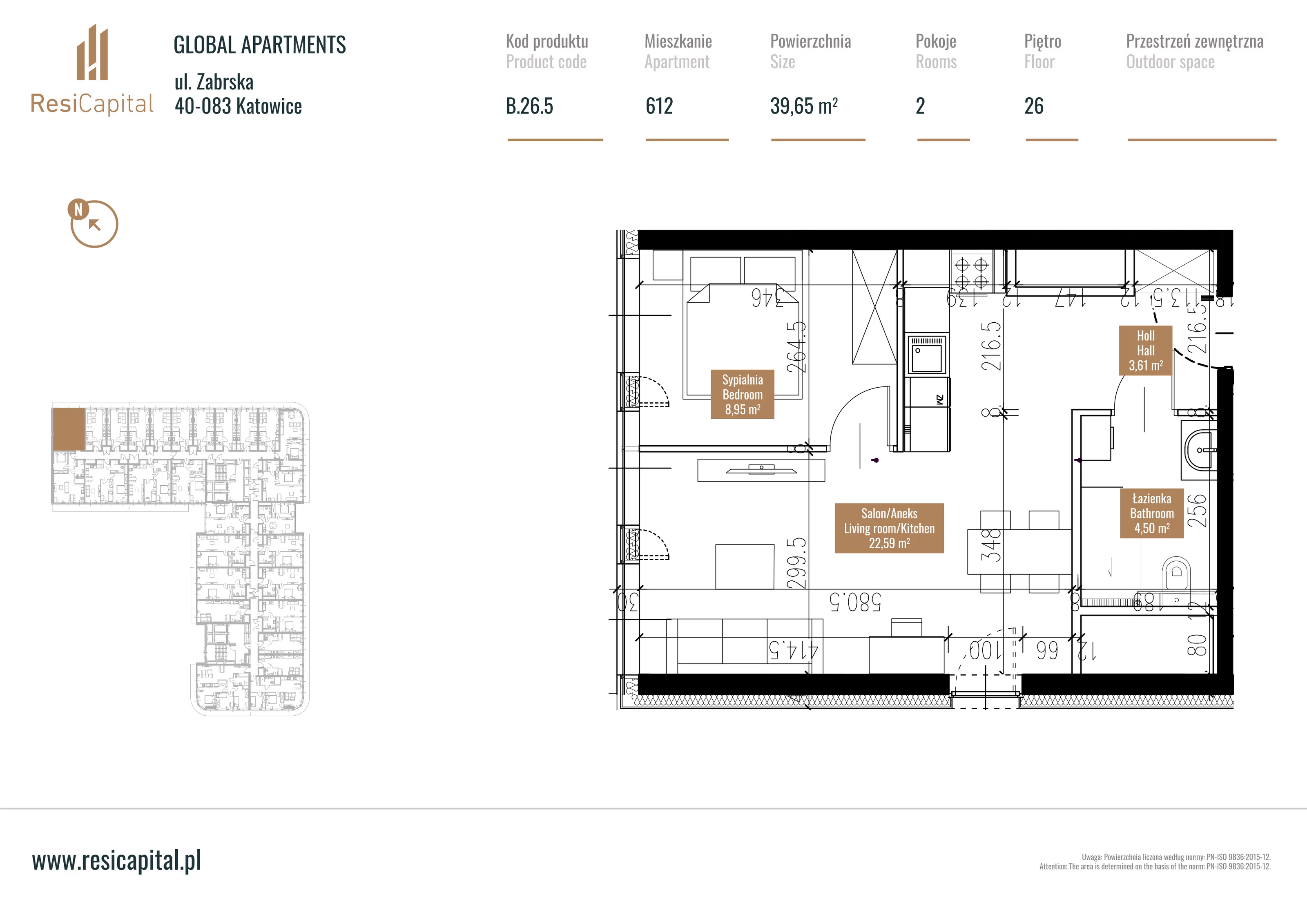 Mieszkanie 40,08 m², piętro 25, oferta nr B.26.05, Global Apartments, Katowice, Śródmieście, ul. Zabrska 15