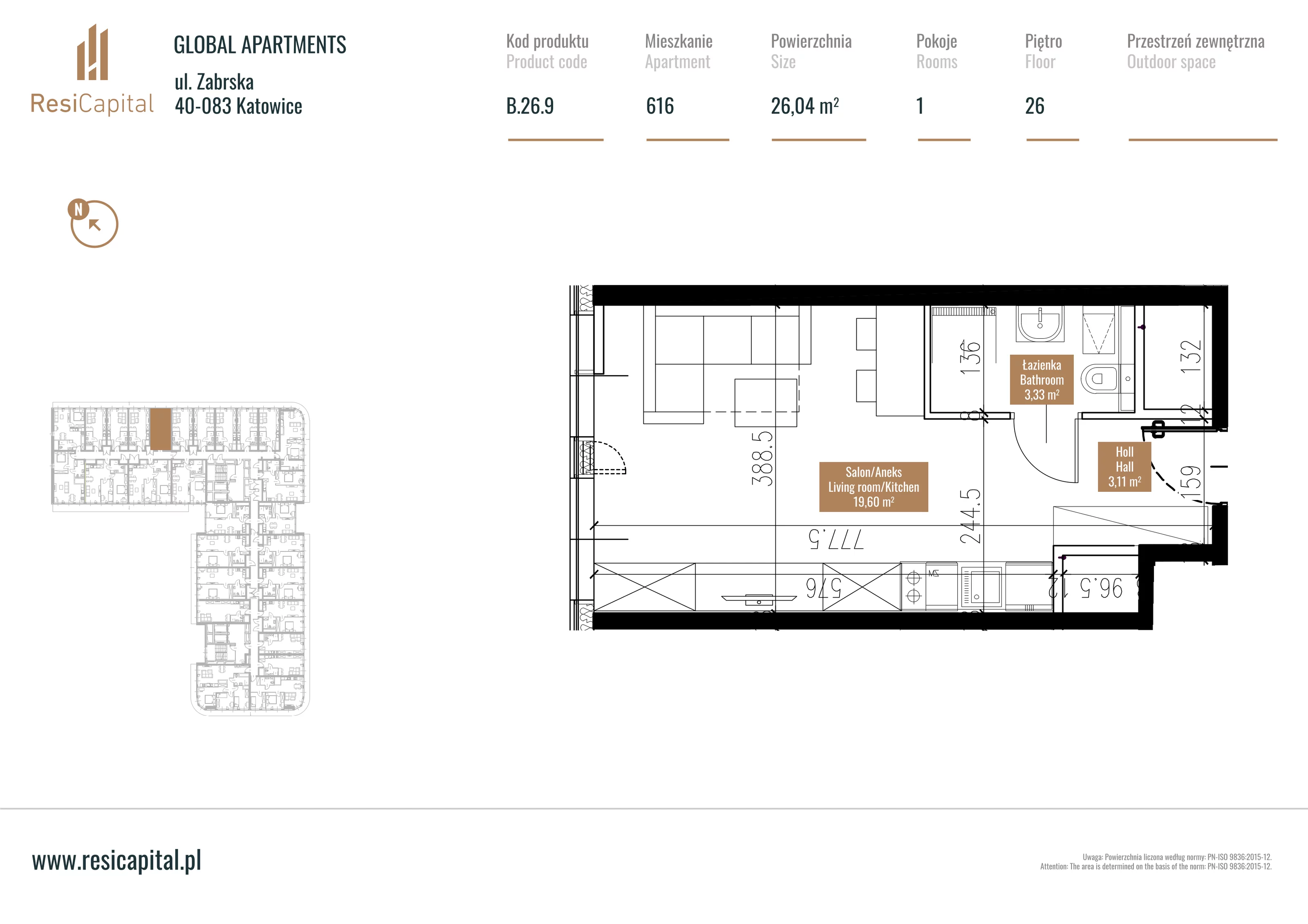 Mieszkanie 26,61 m², piętro 25, oferta nr B.26.09, Global Apartments, Katowice, Śródmieście, ul. Zabrska 15