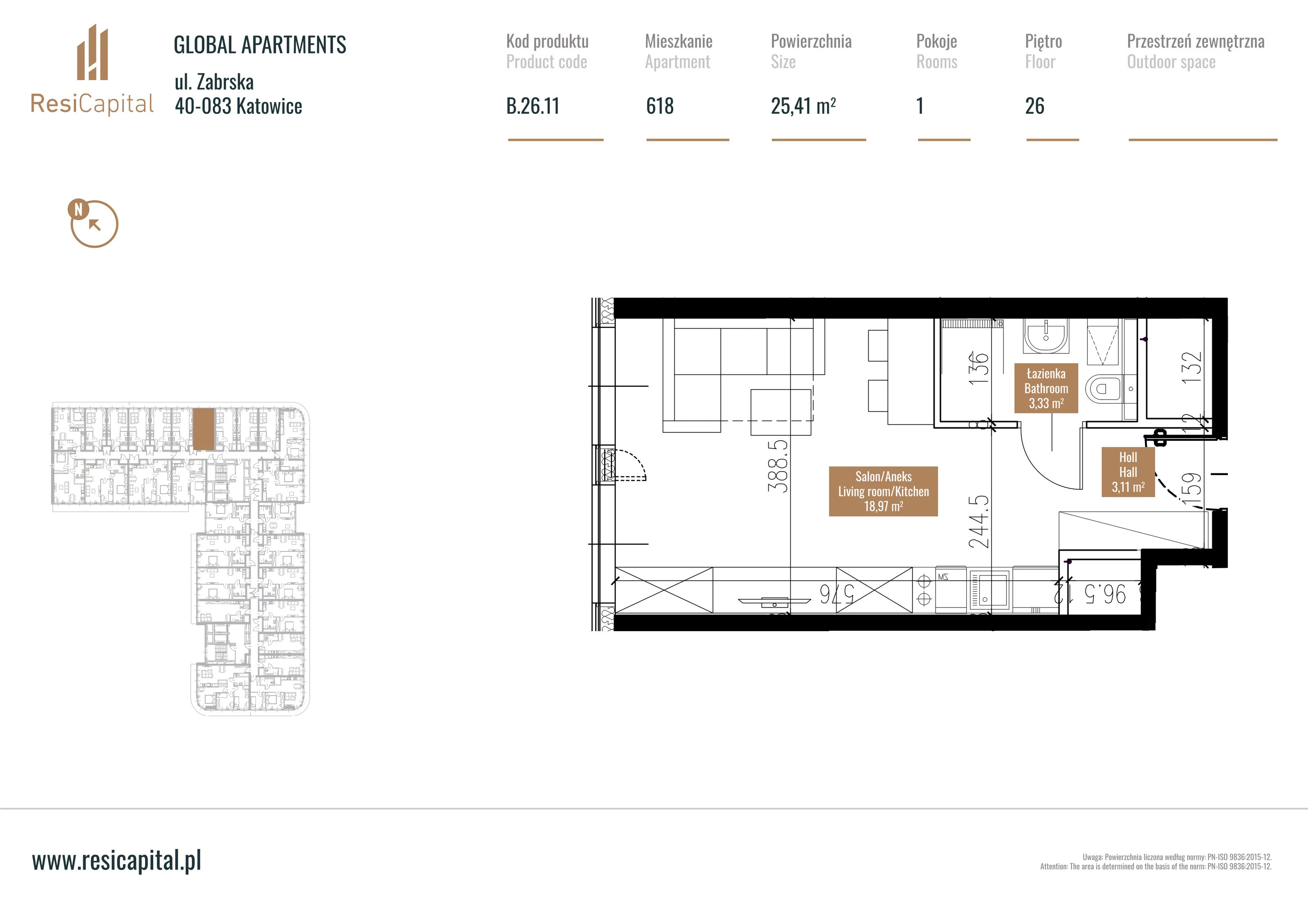 Mieszkanie 26,57 m², piętro 25, oferta nr B.26.11, Global Apartments, Katowice, Śródmieście, ul. Zabrska 15