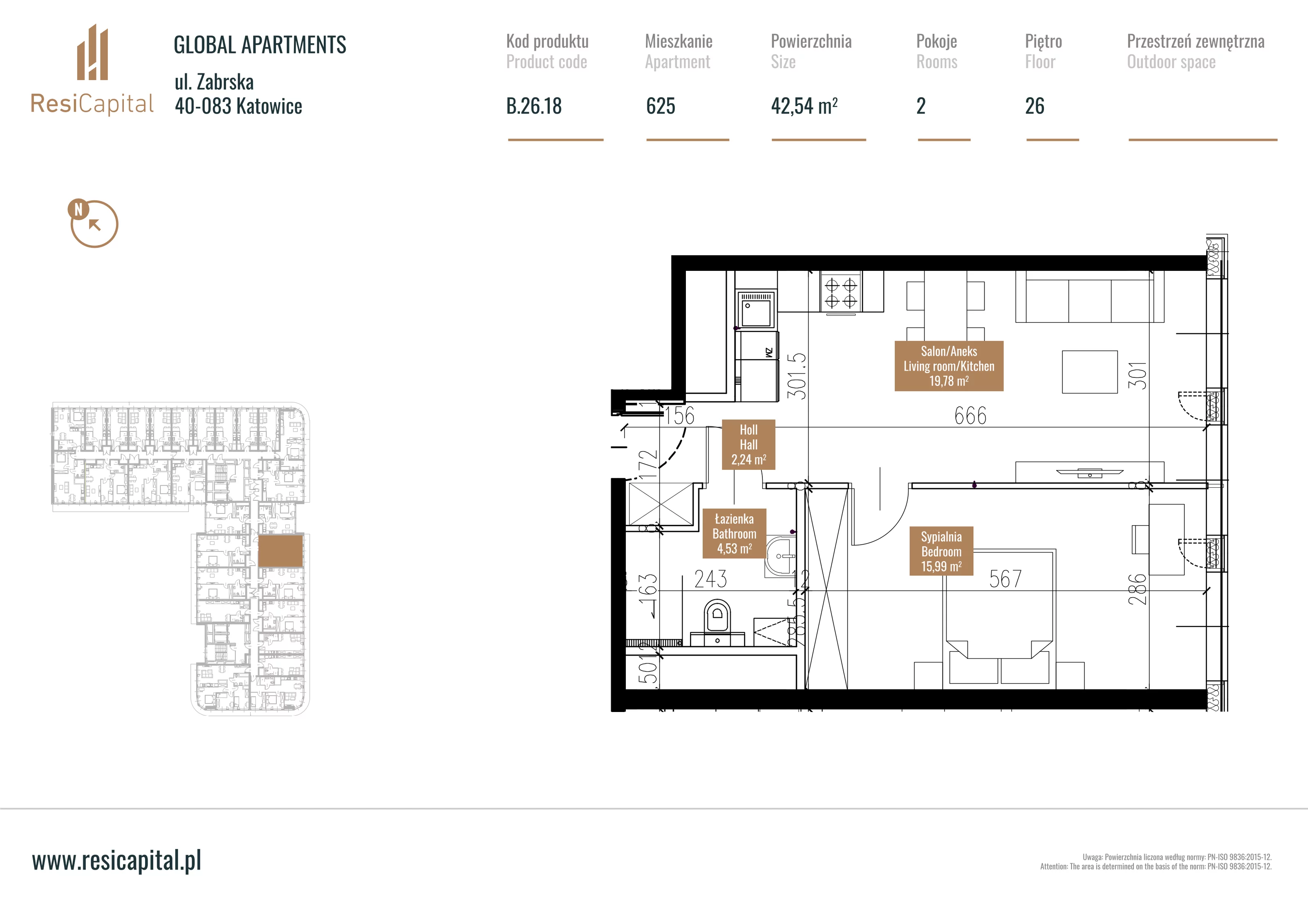 Mieszkanie 43,10 m², piętro 25, oferta nr B.26.18, Global Apartments, Katowice, Śródmieście, ul. Zabrska 15