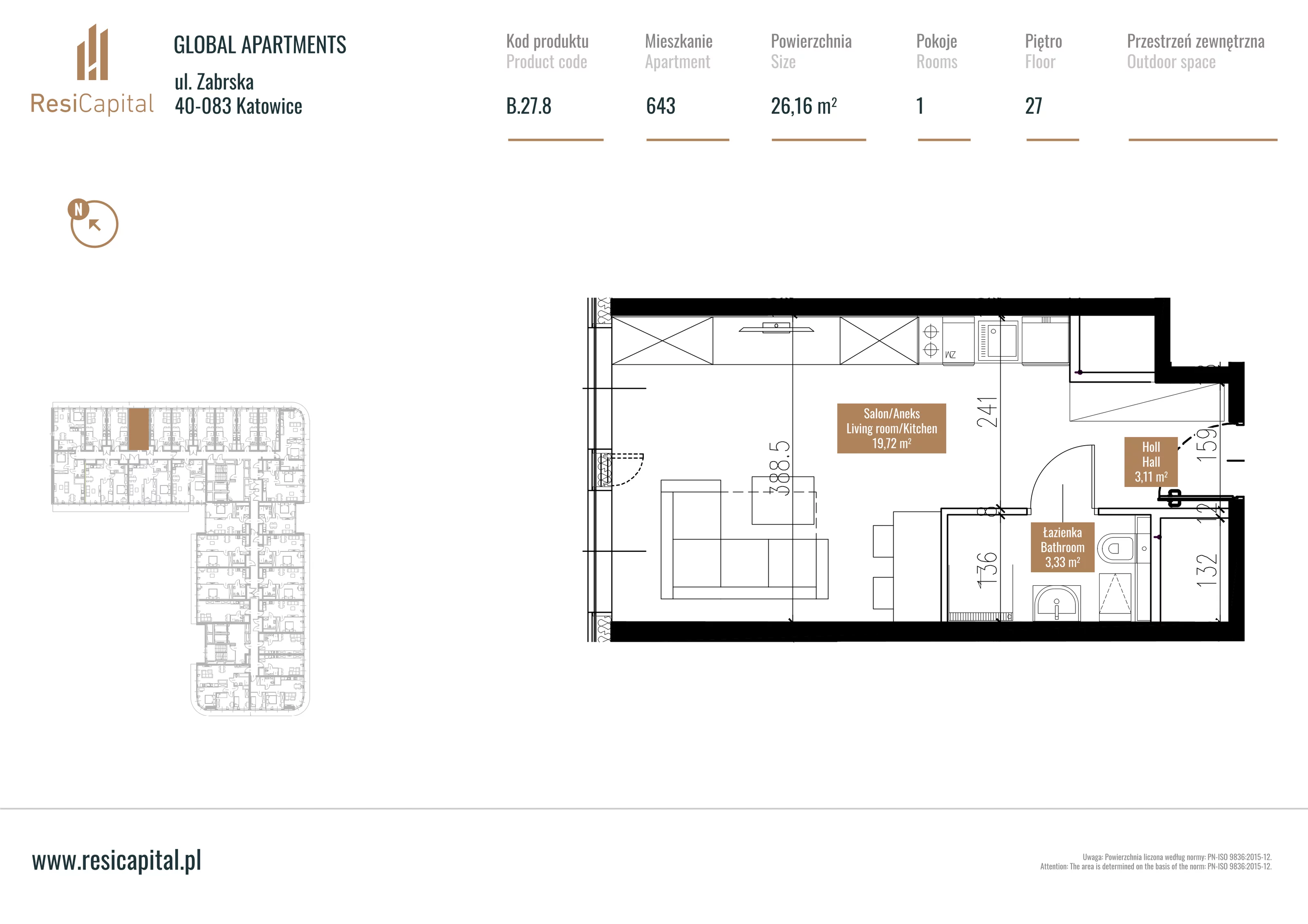 Mieszkanie 26,54 m², piętro 26, oferta nr B.27.08, Global Apartments, Katowice, Śródmieście, ul. Zabrska 15