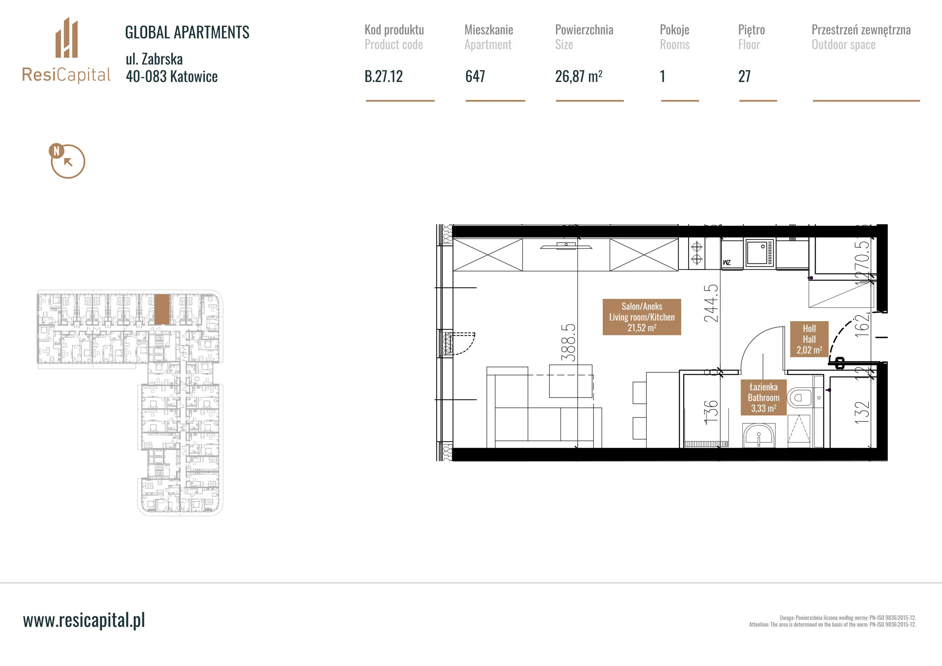 Mieszkanie 27,17 m², piętro 26, oferta nr B.27.12, Global Apartments, Katowice, Śródmieście, ul. Zabrska 15