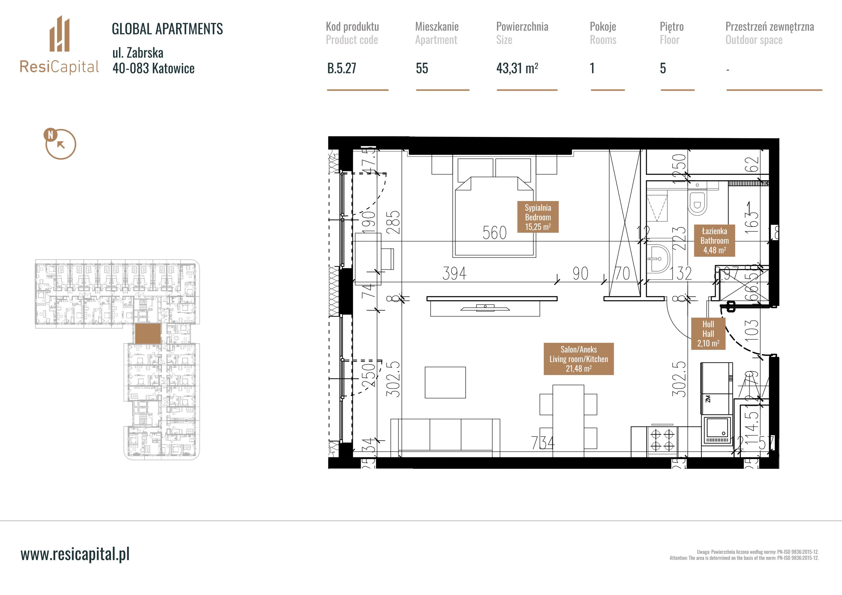 Mieszkanie 43,14 m², piętro 4, oferta nr B.5.27, Global Apartments, Katowice, Śródmieście, ul. Zabrska 15