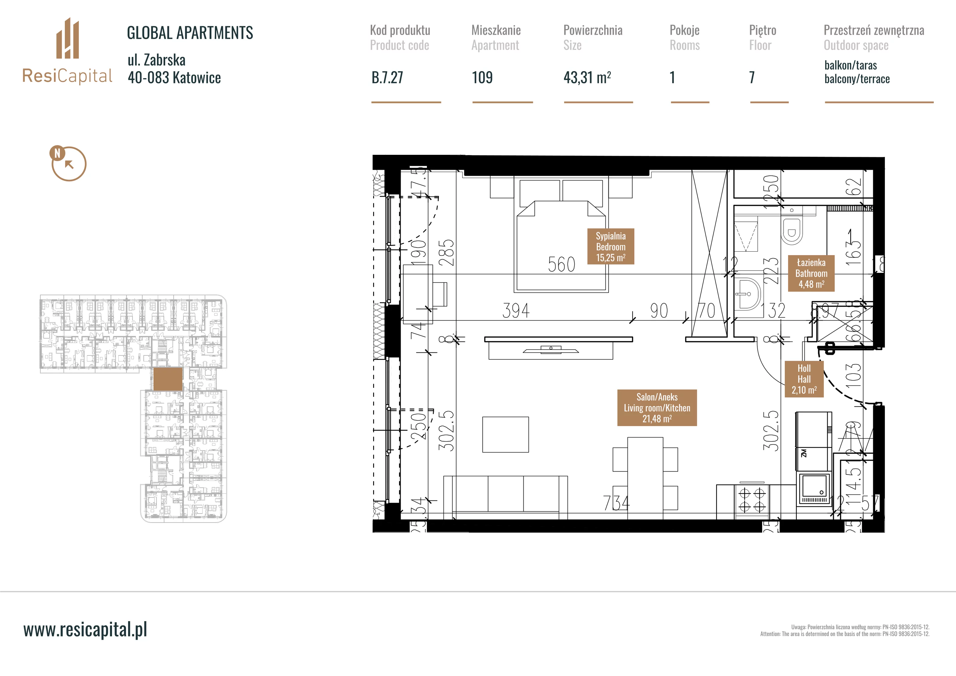 Mieszkanie 43,28 m², piętro 6, oferta nr B.7.27, Global Apartments, Katowice, Śródmieście, ul. Zabrska 15