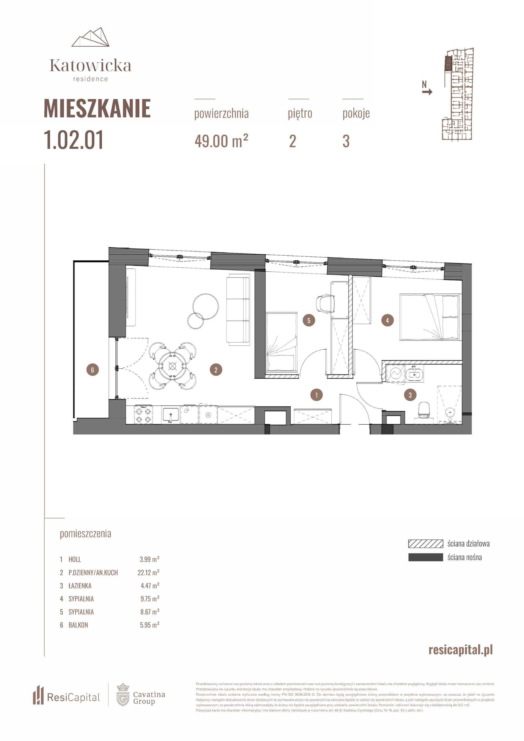 3 pokoje, apartament 49,00 m², piętro 2, oferta nr 1.02.01., Katowicka Residence, Katowice, Bogucice, ul. Katowicka