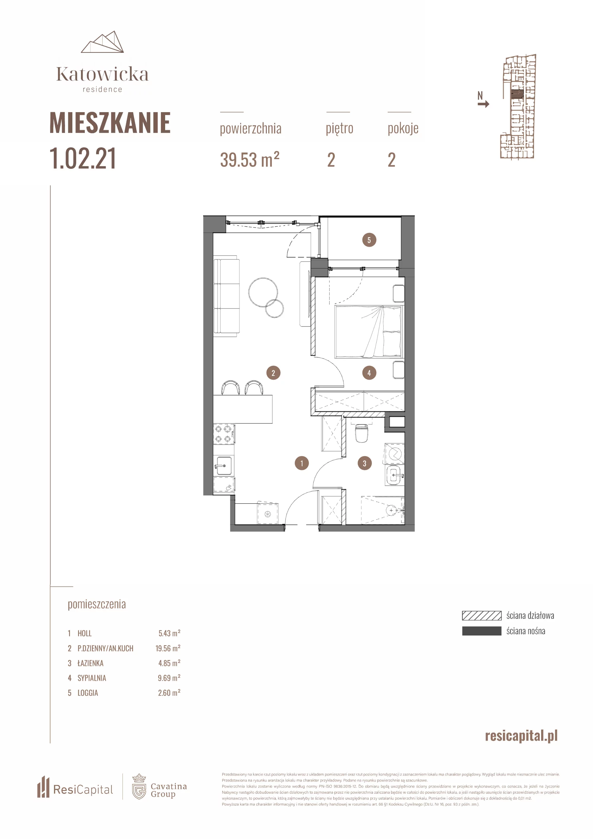 2 pokoje, apartament 39,53 m², piętro 2, oferta nr 1.02.21., Katowicka Residence, Katowice, Bogucice, ul. Katowicka