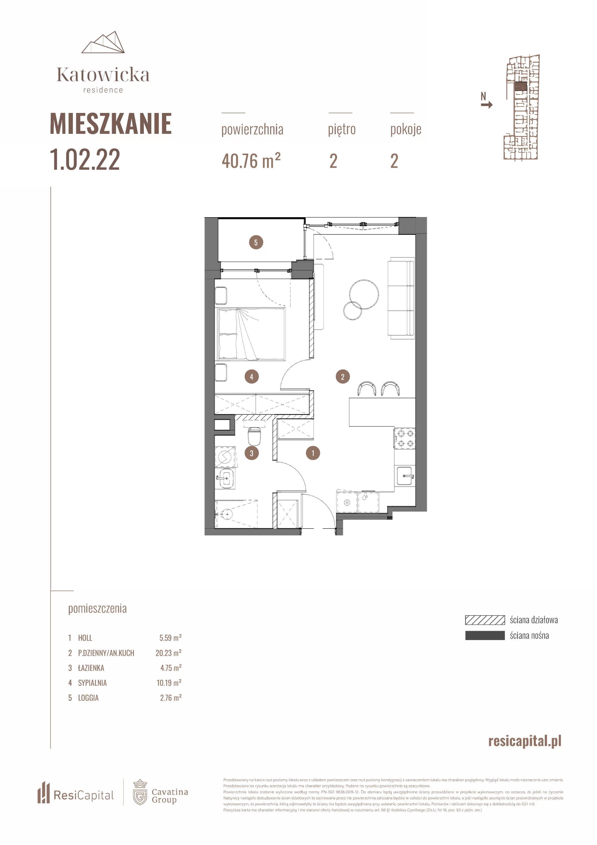 2 pokoje, apartament 40,76 m², piętro 2, oferta nr 1.02.22., Katowicka Residence, Katowice, Bogucice, ul. Katowicka