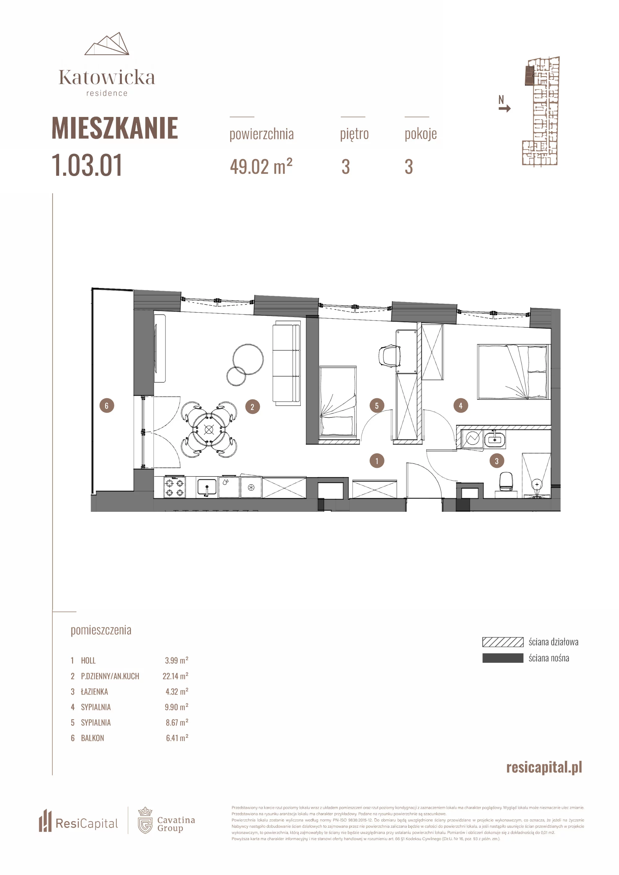 3 pokoje, apartament 49,02 m², piętro 3, oferta nr 1.03.01., Katowicka Residence, Katowice, Bogucice, ul. Katowicka