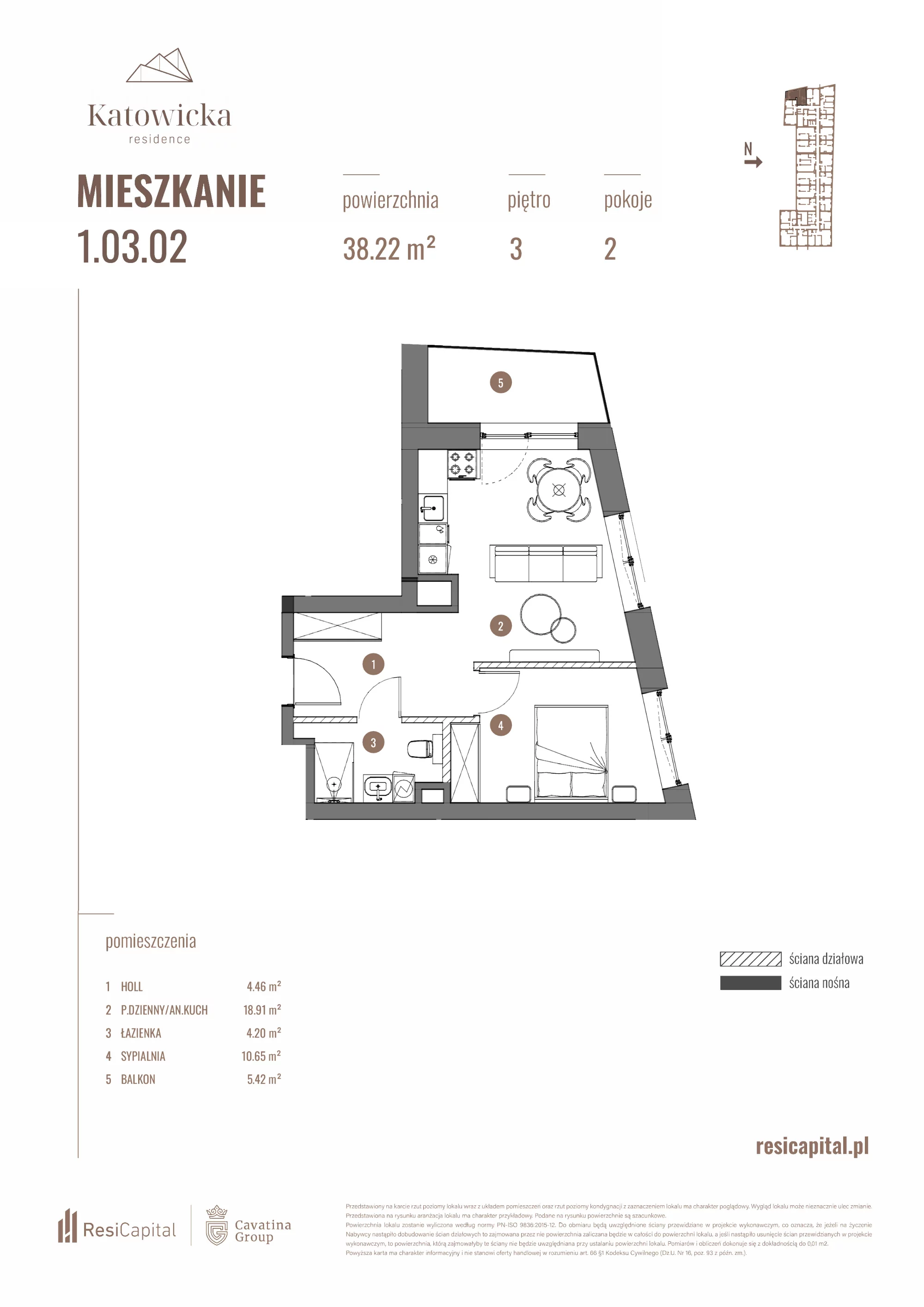 2 pokoje, apartament 38,22 m², piętro 3, oferta nr 1.03.02., Katowicka Residence, Katowice, Bogucice, ul. Katowicka