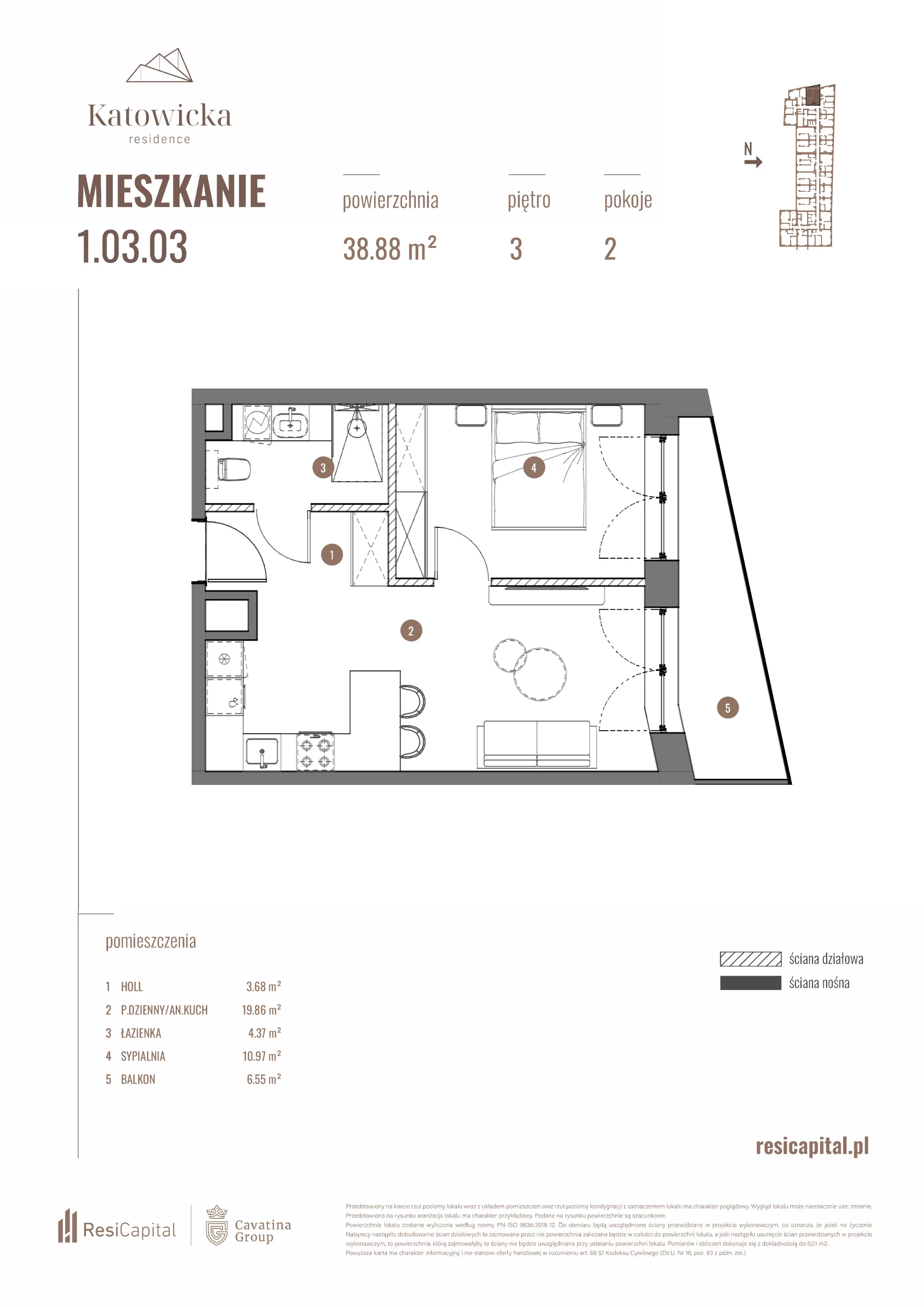 2 pokoje, apartament 38,88 m², piętro 3, oferta nr 1.03.03., Katowicka Residence, Katowice, Bogucice, ul. Katowicka