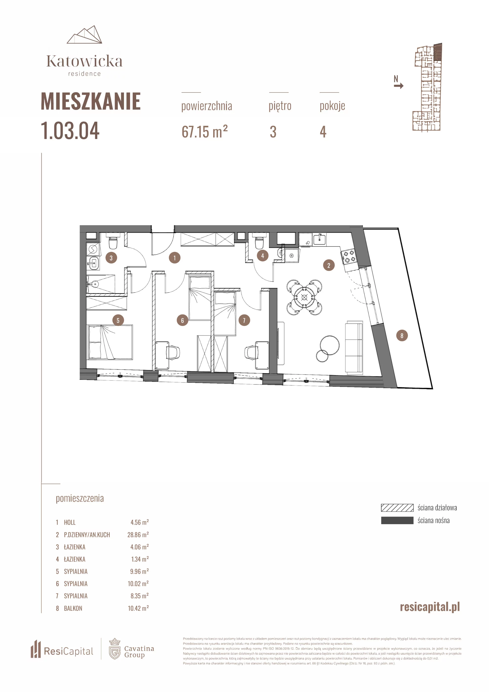 4 pokoje, apartament 67,24 m², piętro 3, oferta nr 1.03.04., Katowicka Residence, Katowice, Bogucice, ul. Katowicka