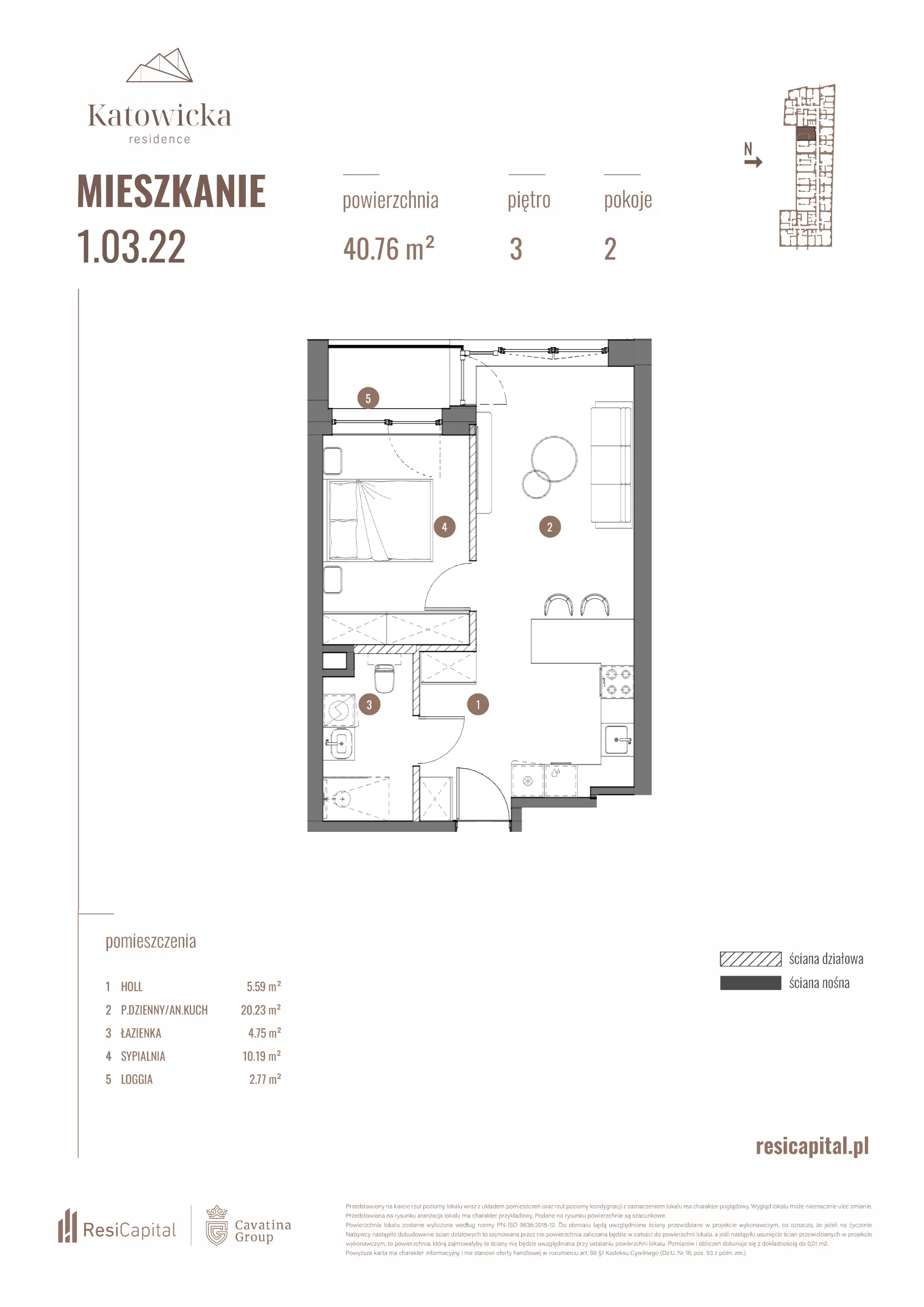 2 pokoje, apartament 40,76 m², piętro 3, oferta nr 1.03.22., Katowicka Residence, Katowice, Bogucice, ul. Katowicka