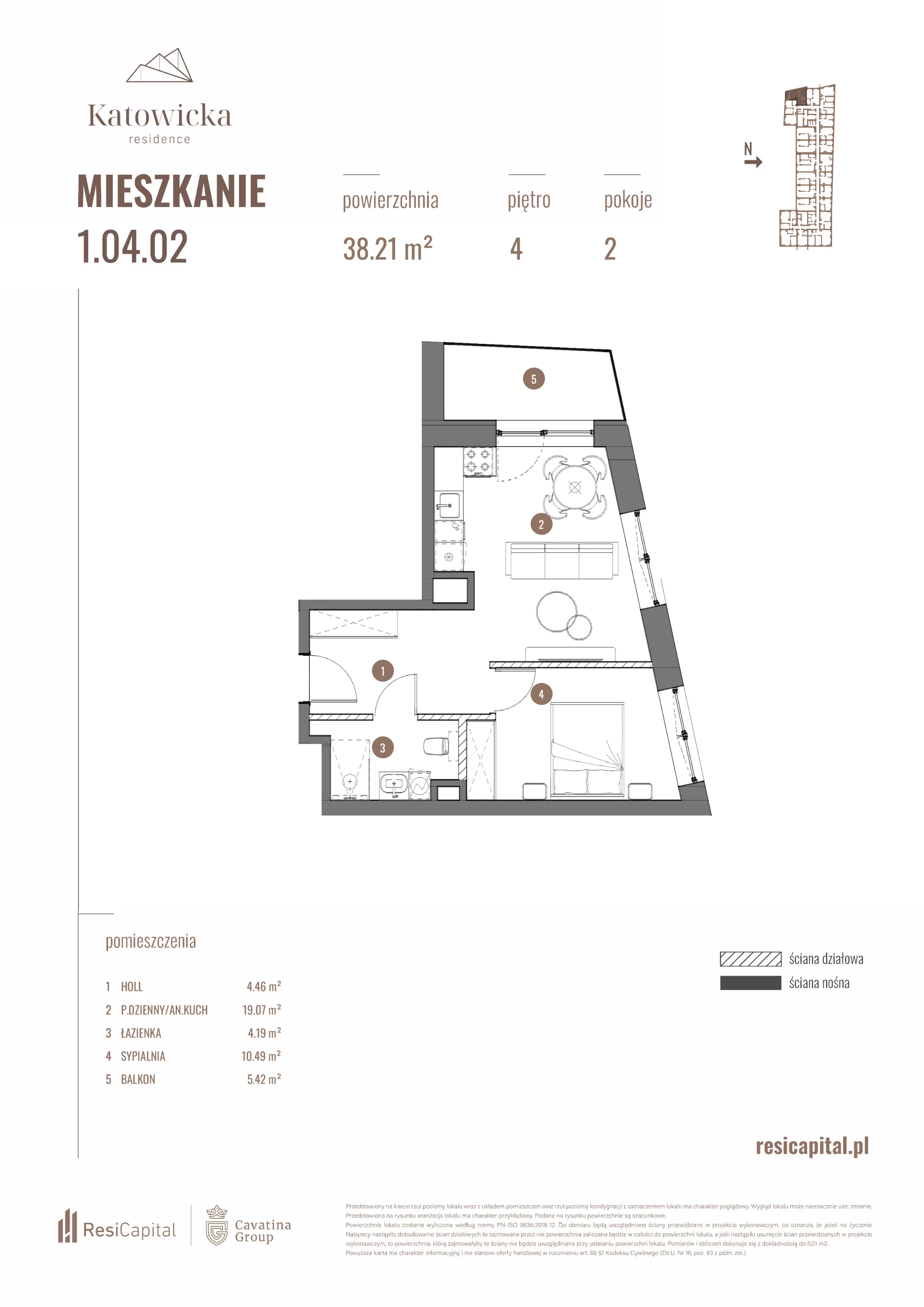 2 pokoje, apartament 38,21 m², piętro 4, oferta nr 1.04.02., Katowicka Residence, Katowice, Bogucice, ul. Katowicka
