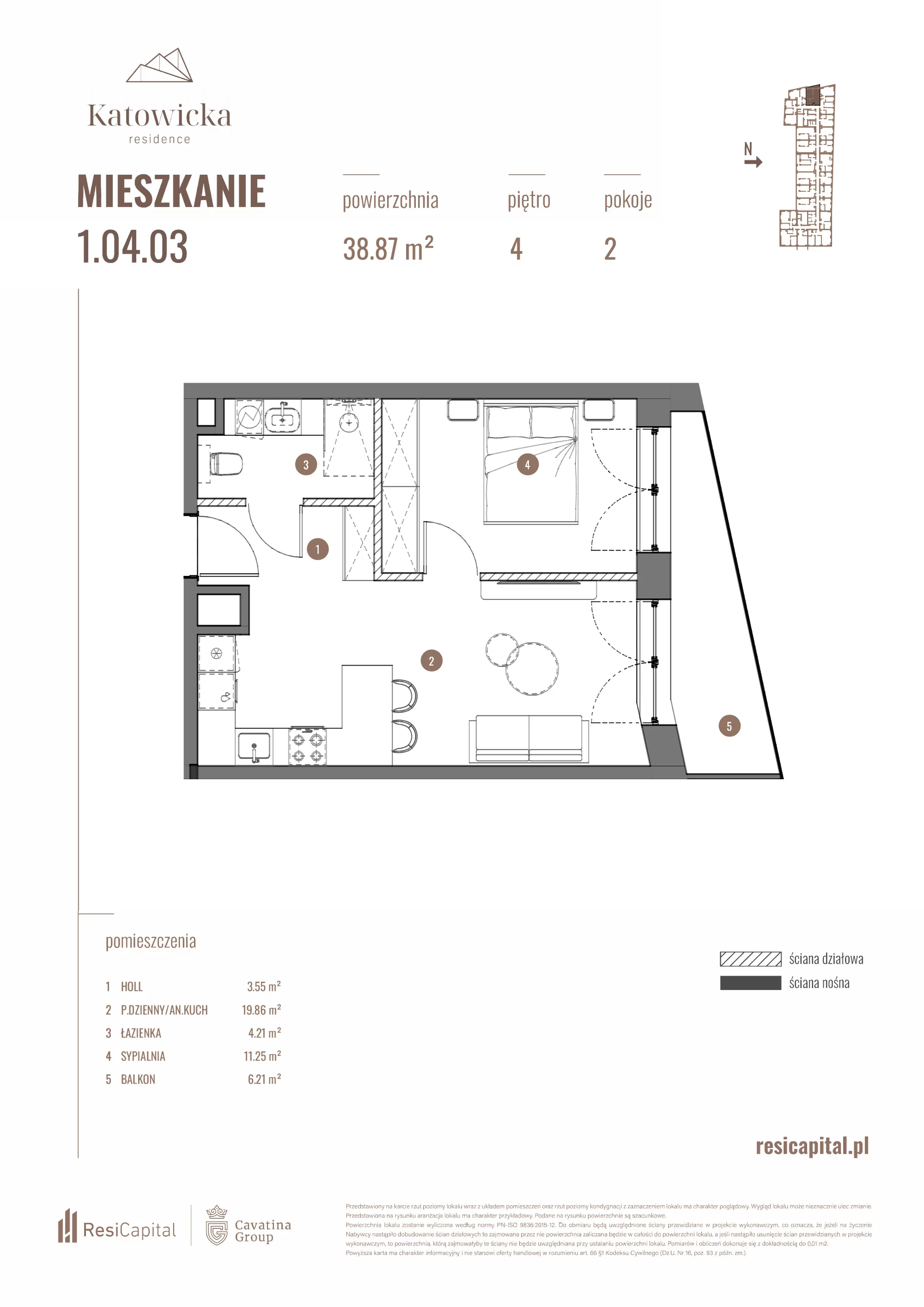 2 pokoje, apartament 38,87 m², piętro 4, oferta nr 1.04.03., Katowicka Residence, Katowice, Bogucice, ul. Katowicka