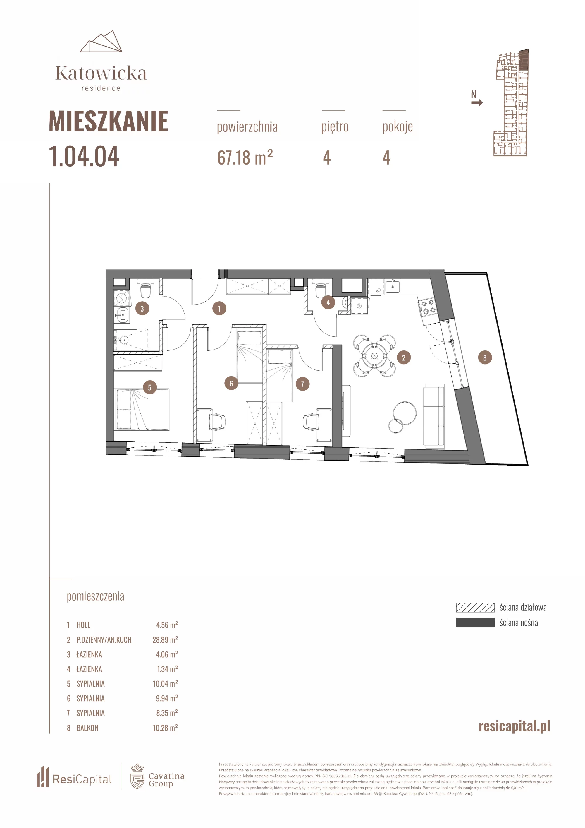 4 pokoje, apartament 67,24 m², piętro 4, oferta nr 1.04.04., Katowicka Residence, Katowice, Bogucice, ul. Katowicka