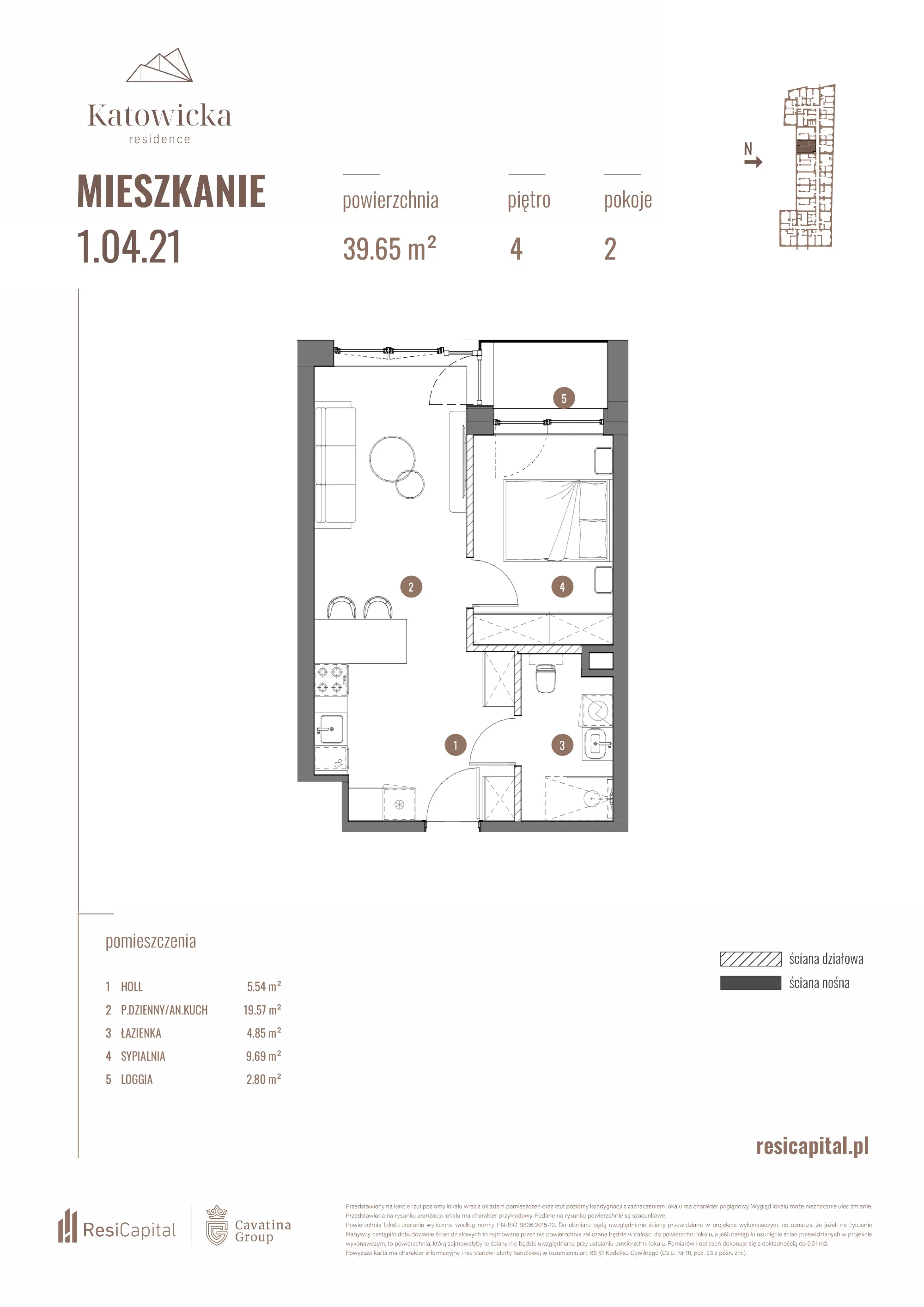 2 pokoje, apartament 39,65 m², piętro 4, oferta nr 1.04.21., Katowicka Residence, Katowice, Bogucice, ul. Katowicka