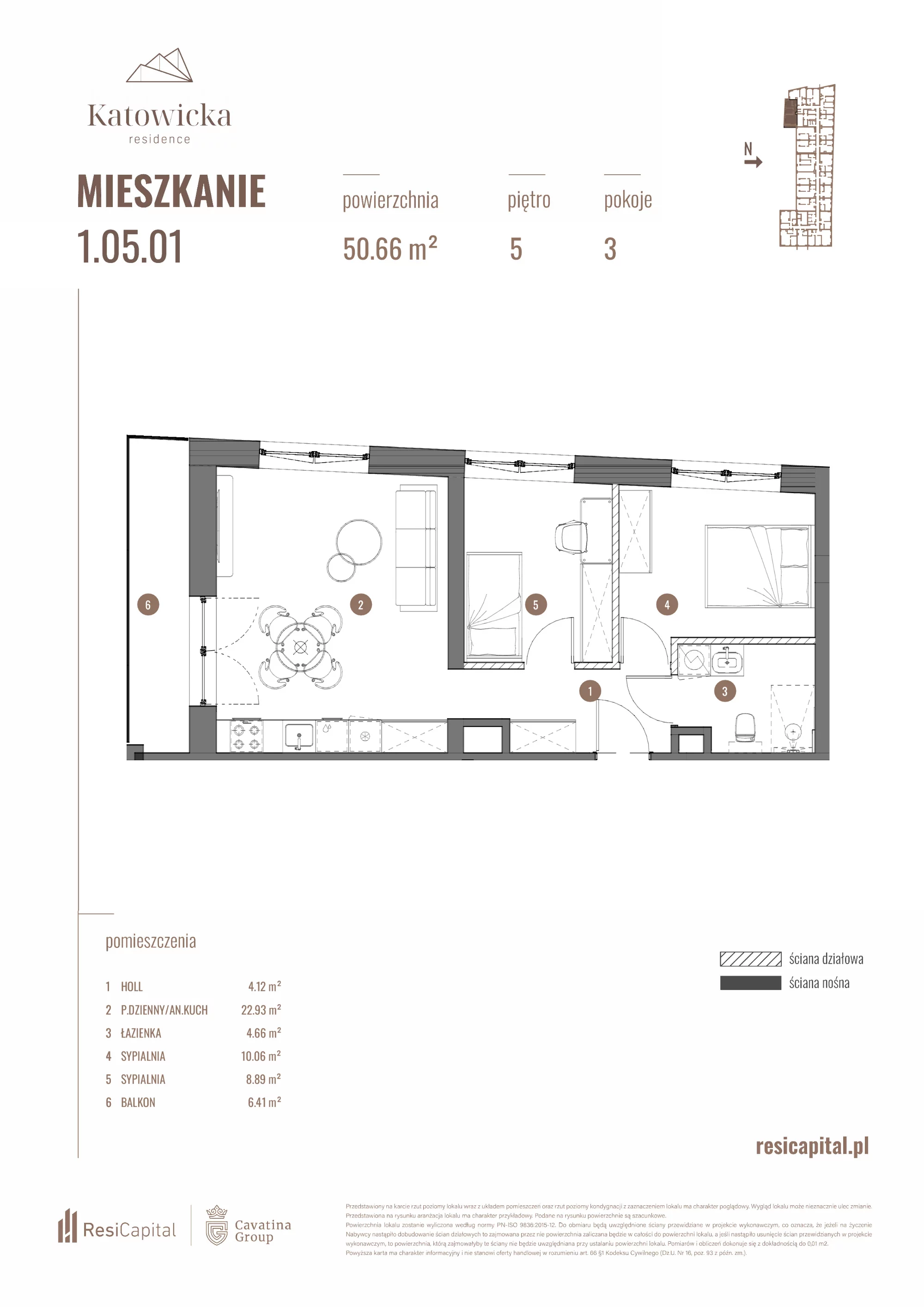 3 pokoje, apartament 50,66 m², piętro 5, oferta nr 1.05.01., Katowicka Residence, Katowice, Bogucice, ul. Katowicka