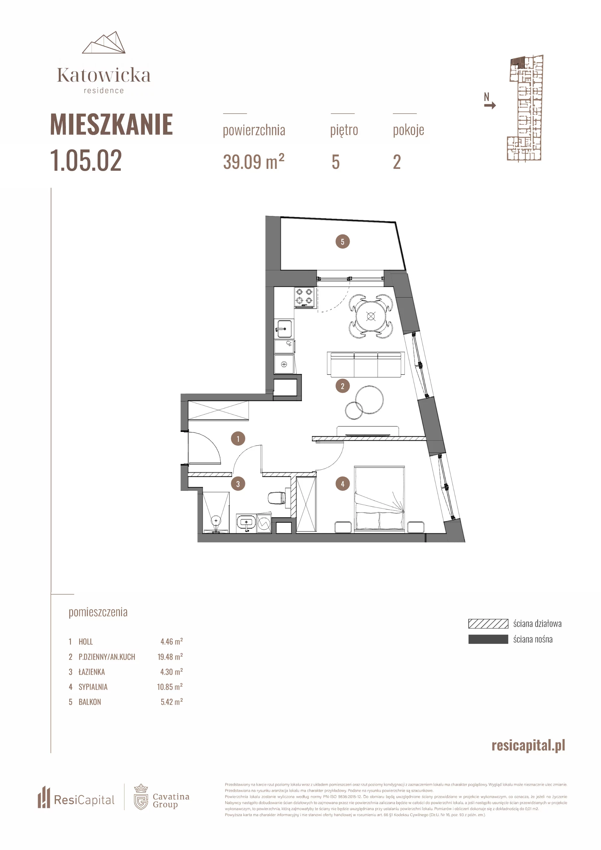 2 pokoje, apartament 39,09 m², piętro 5, oferta nr 1.05.02., Katowicka Residence, Katowice, Bogucice, ul. Katowicka