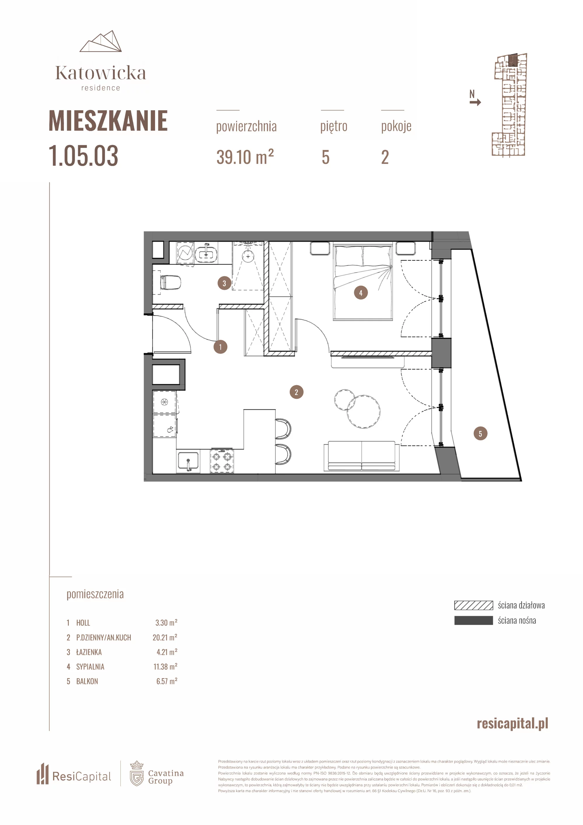 2 pokoje, apartament 39,10 m², piętro 5, oferta nr 1.05.03., Katowicka Residence, Katowice, Bogucice, ul. Katowicka