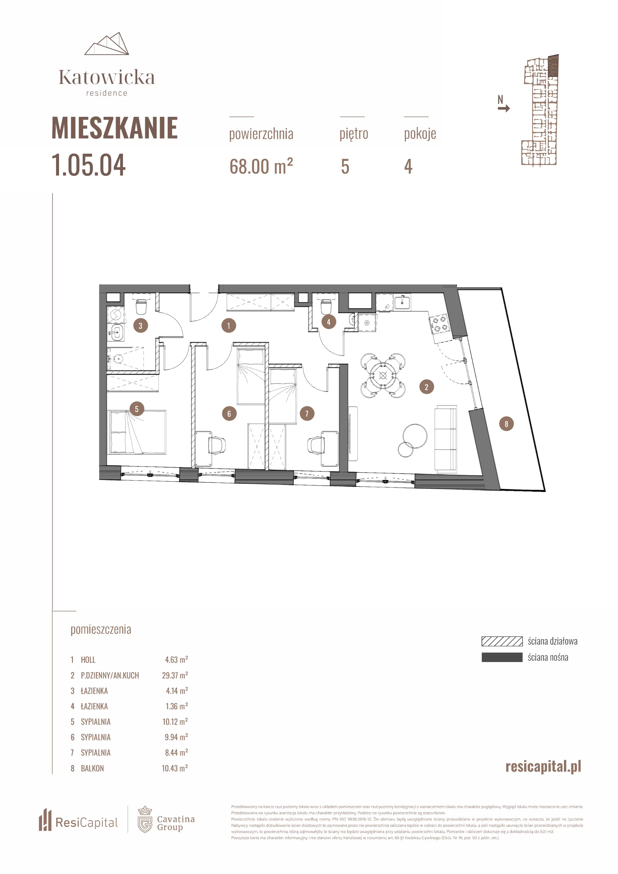 4 pokoje, apartament 68,06 m², piętro 5, oferta nr 1.05.04., Katowicka Residence, Katowice, Bogucice, ul. Katowicka
